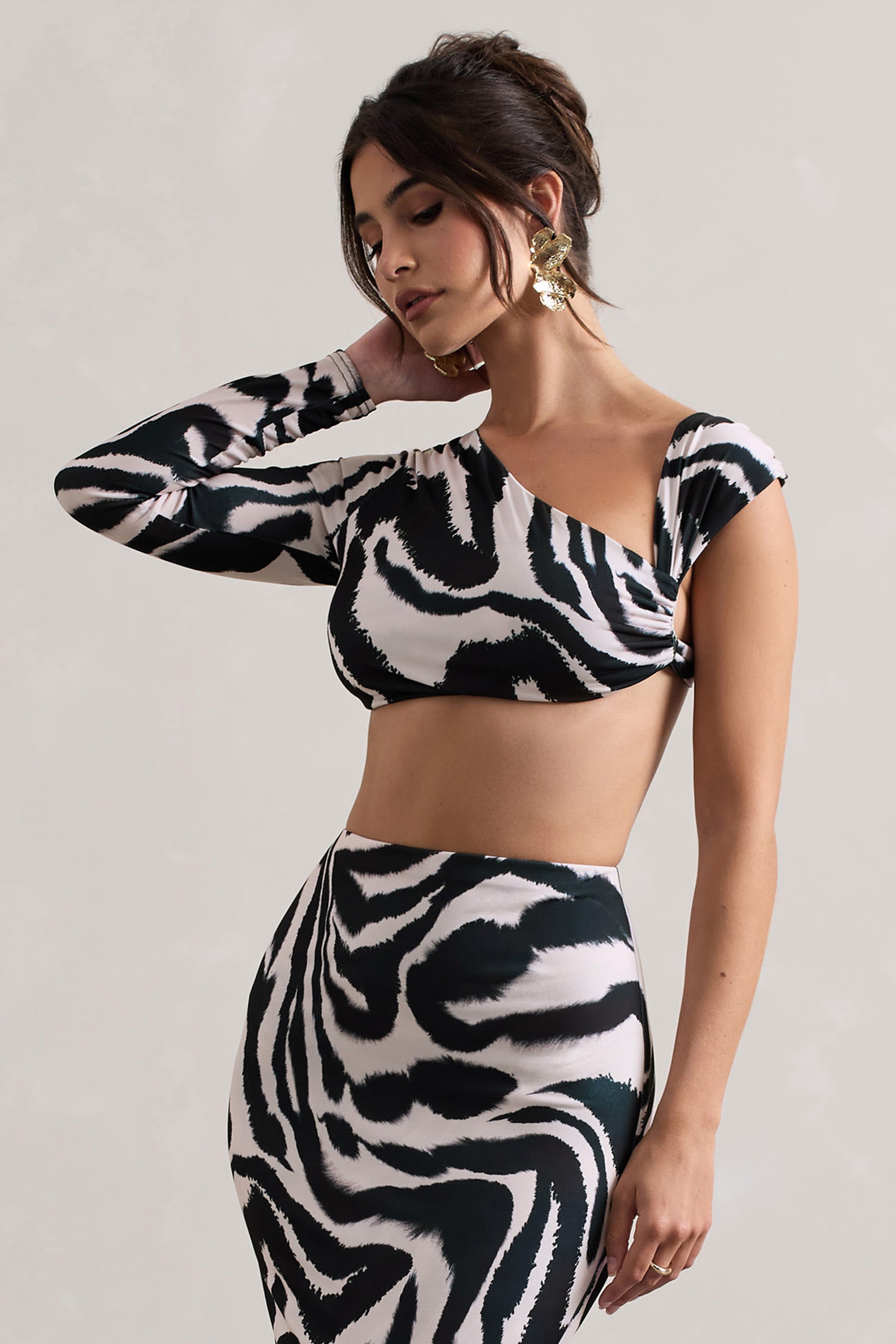  Zebra Print Ruched Asymmetric One-Sleeve Crop Top