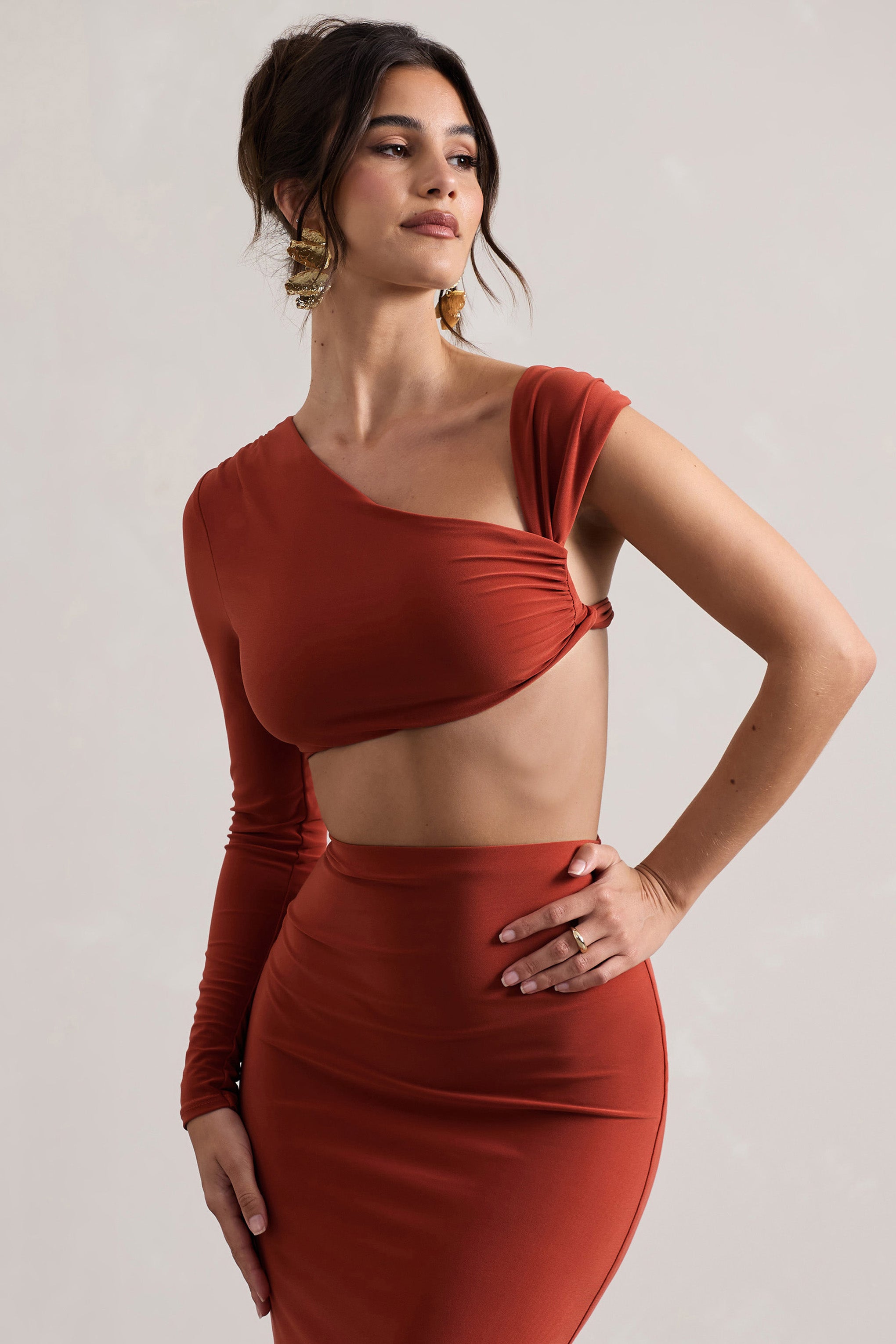  Terracotta Ruched Asymmetric One-Sleeve Crop Top