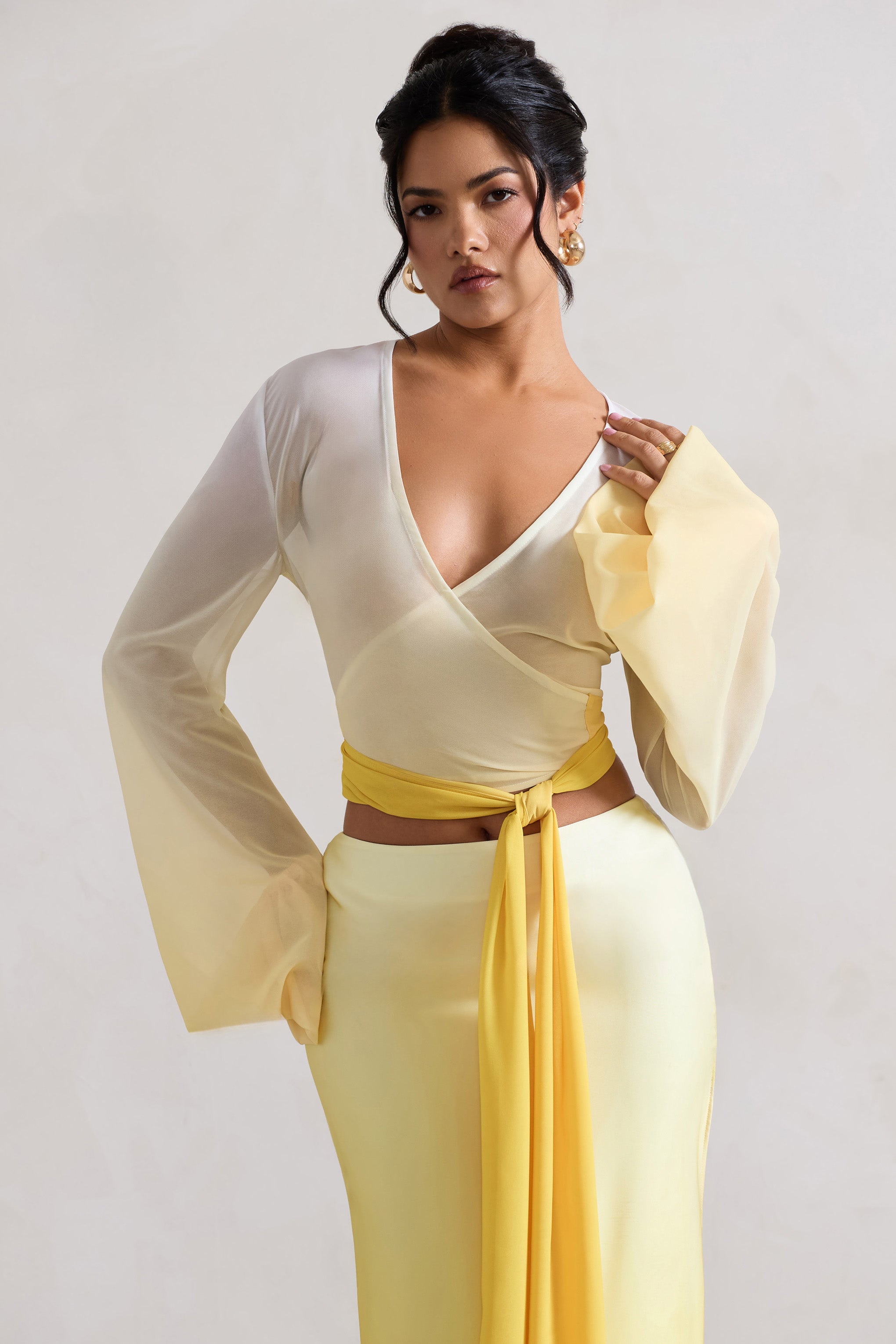 Yellow Ombre Flared-Sleeve Wrap Top