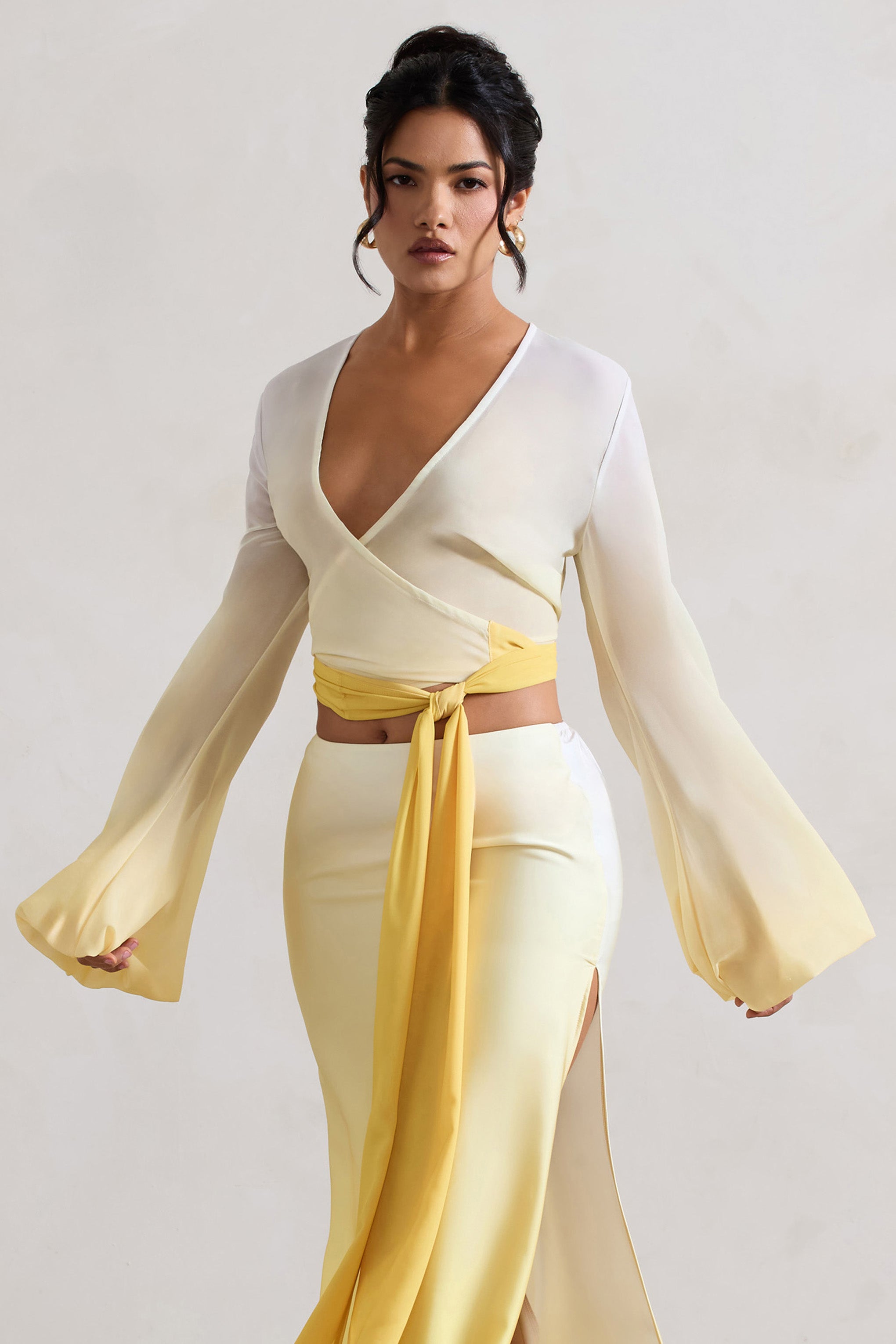 Yellow Ombre Flared-Sleeve Wrap Top