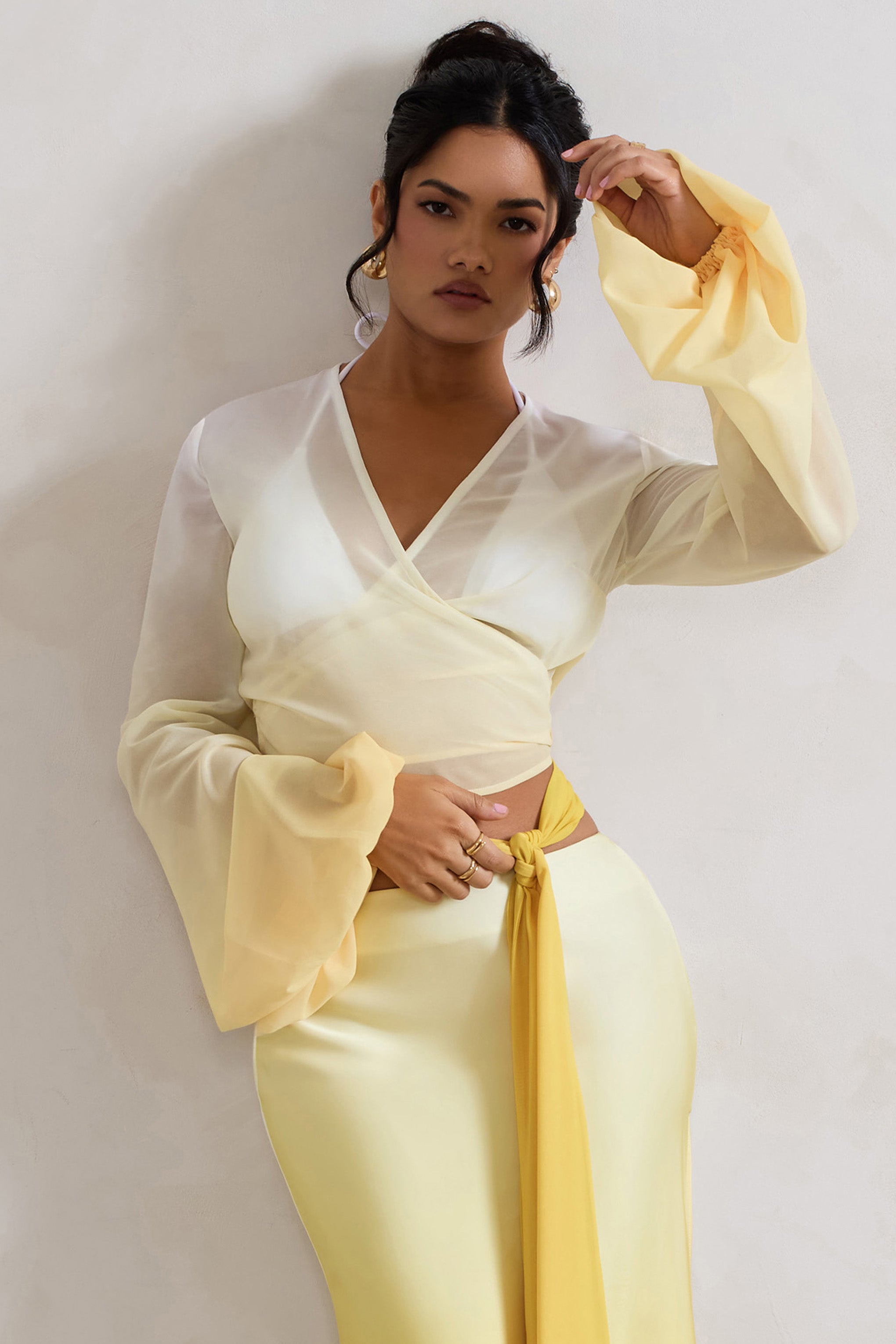 Yellow Ombre Flared-Sleeve Wrap Top