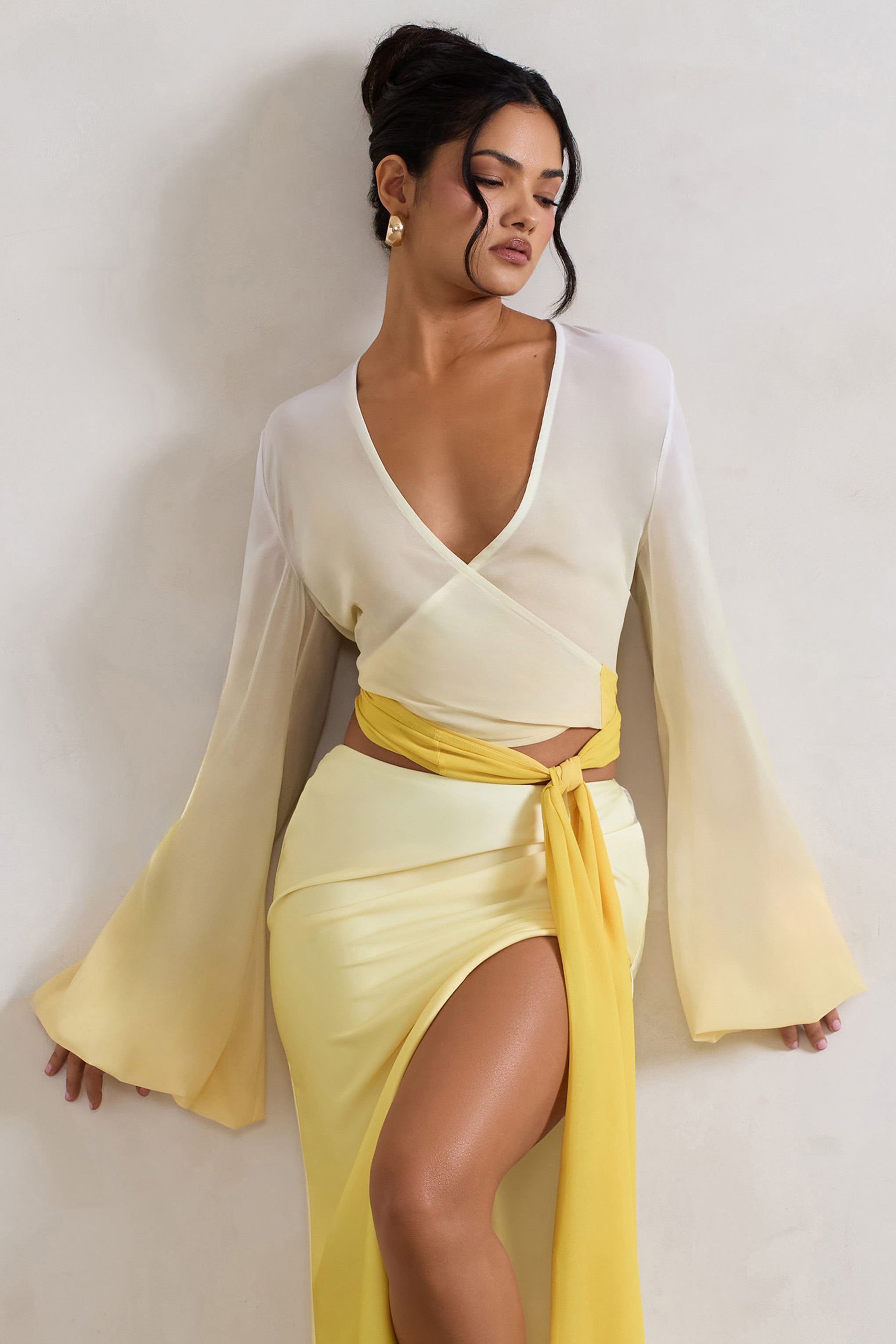 Yellow Ombre Flared-Sleeve Wrap Top