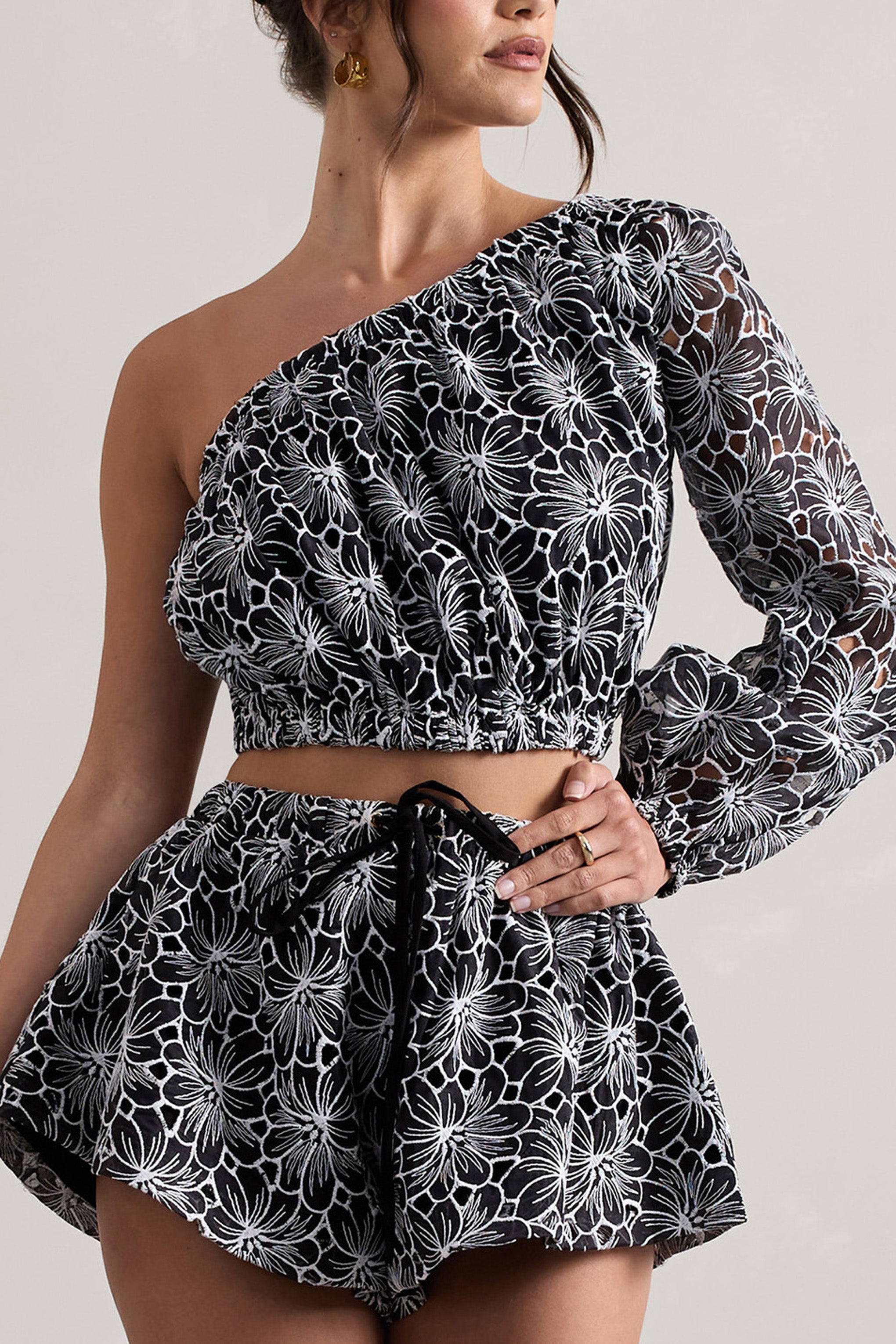 Black Lace Asymmetric One-Sleeve Crop-Top