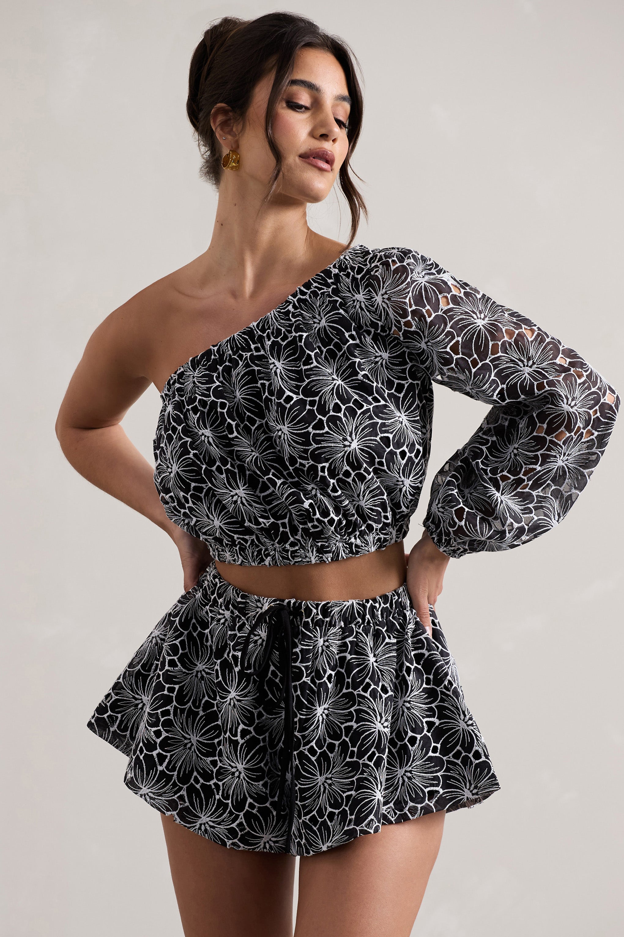 Black Lace Asymmetric One-Sleeve Crop-Top