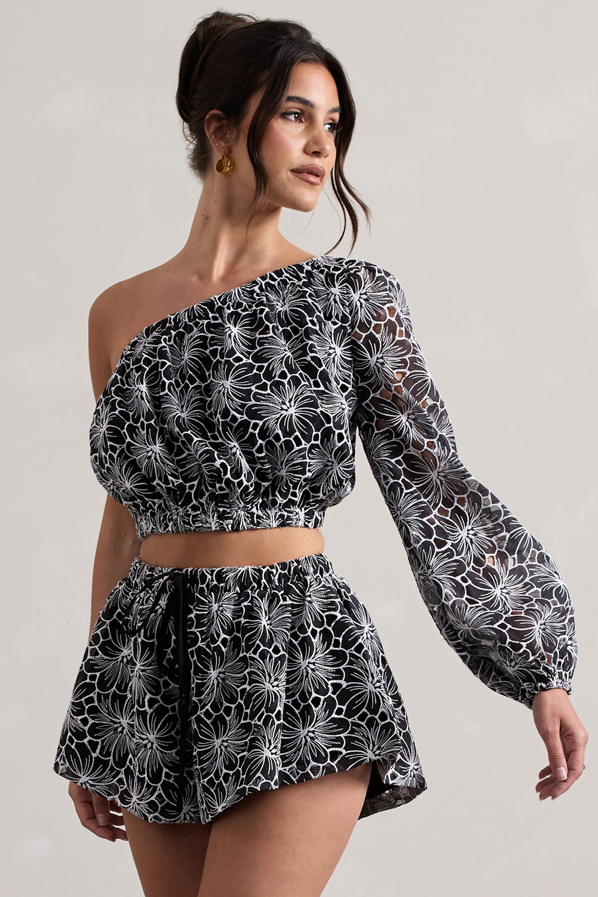 Black Lace Asymmetric One-Sleeve Crop-Top
