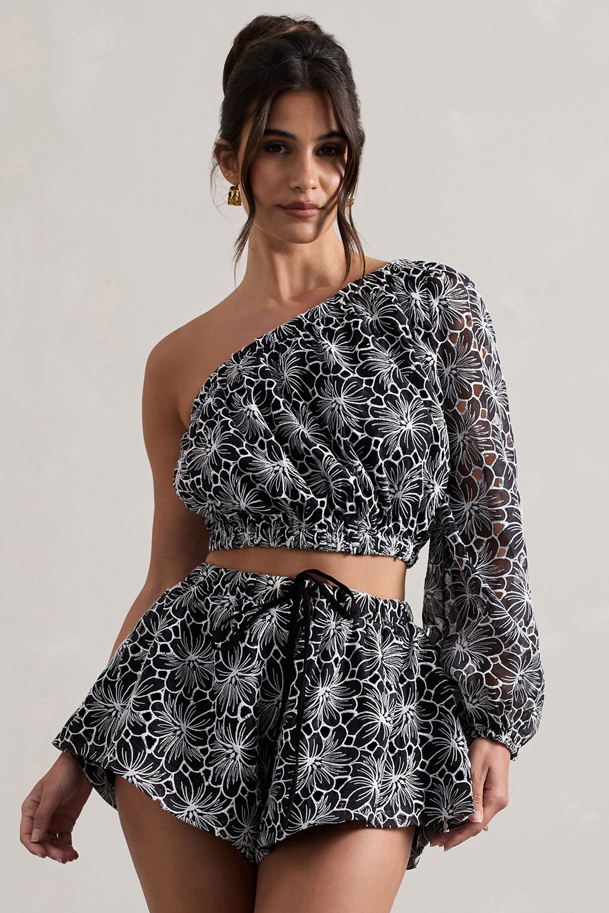 Black Lace Asymmetric One-Sleeve Crop-Top