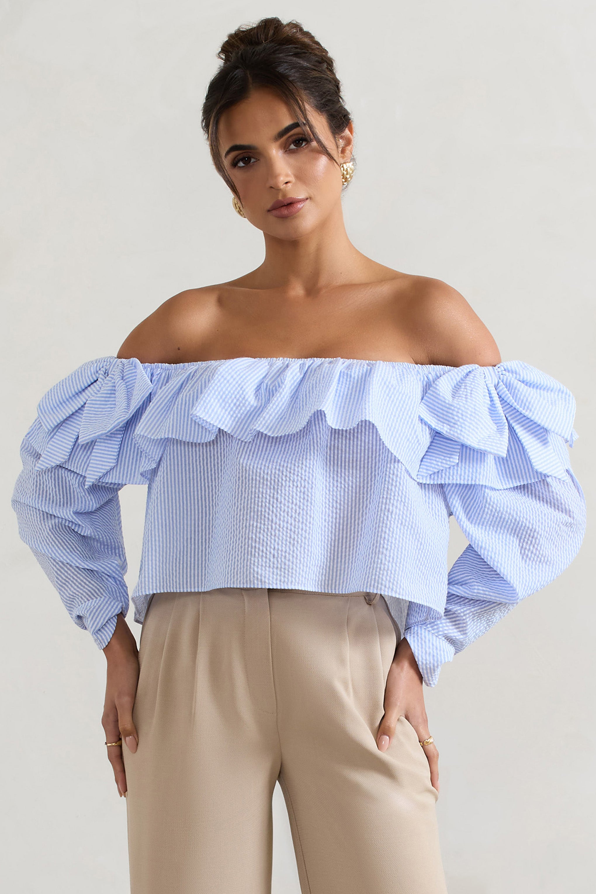  Blue Pinstripe Bardot Puff-Sleeve Top With Bows