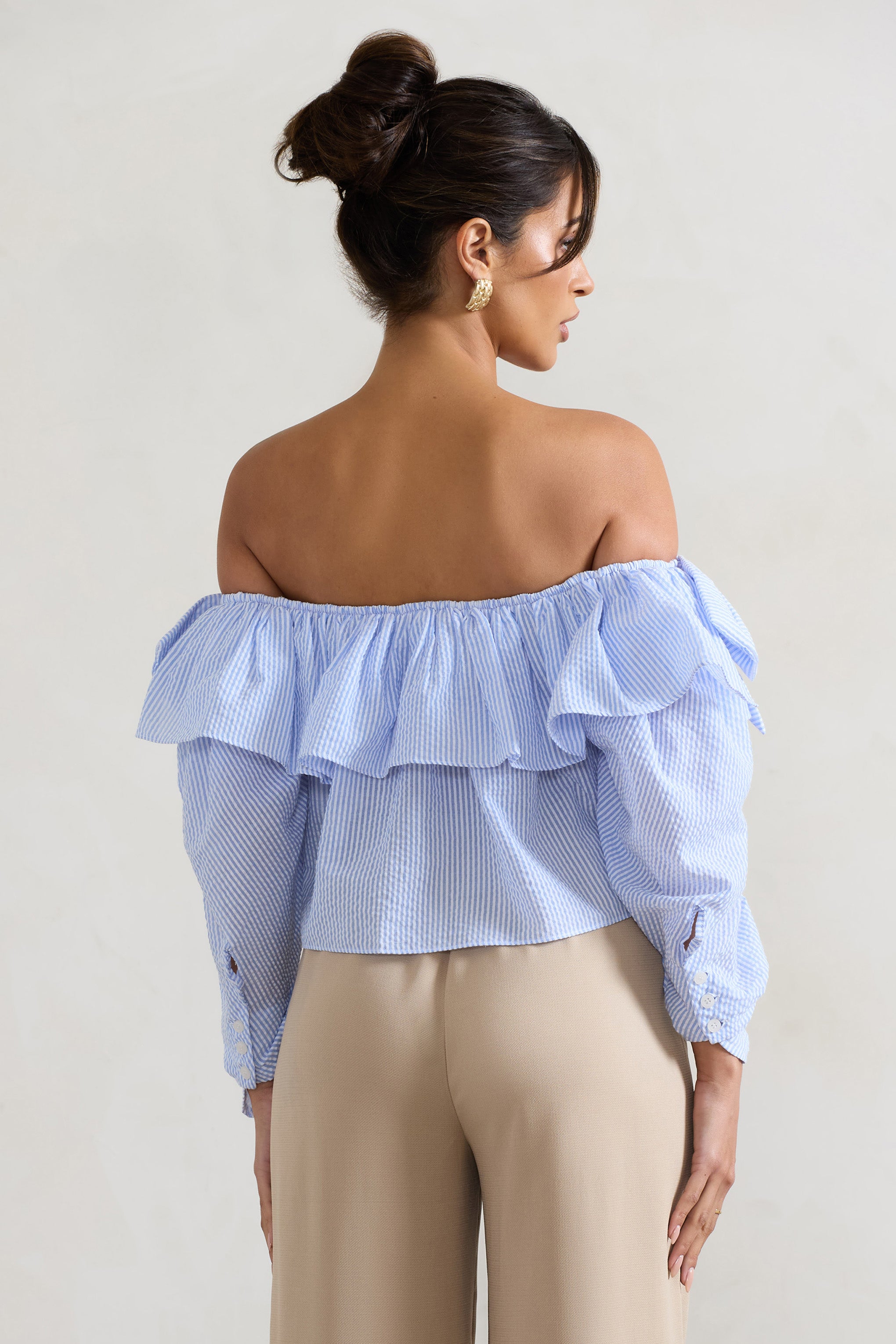  Blue Pinstripe Bardot Puff-Sleeve Top With Bows