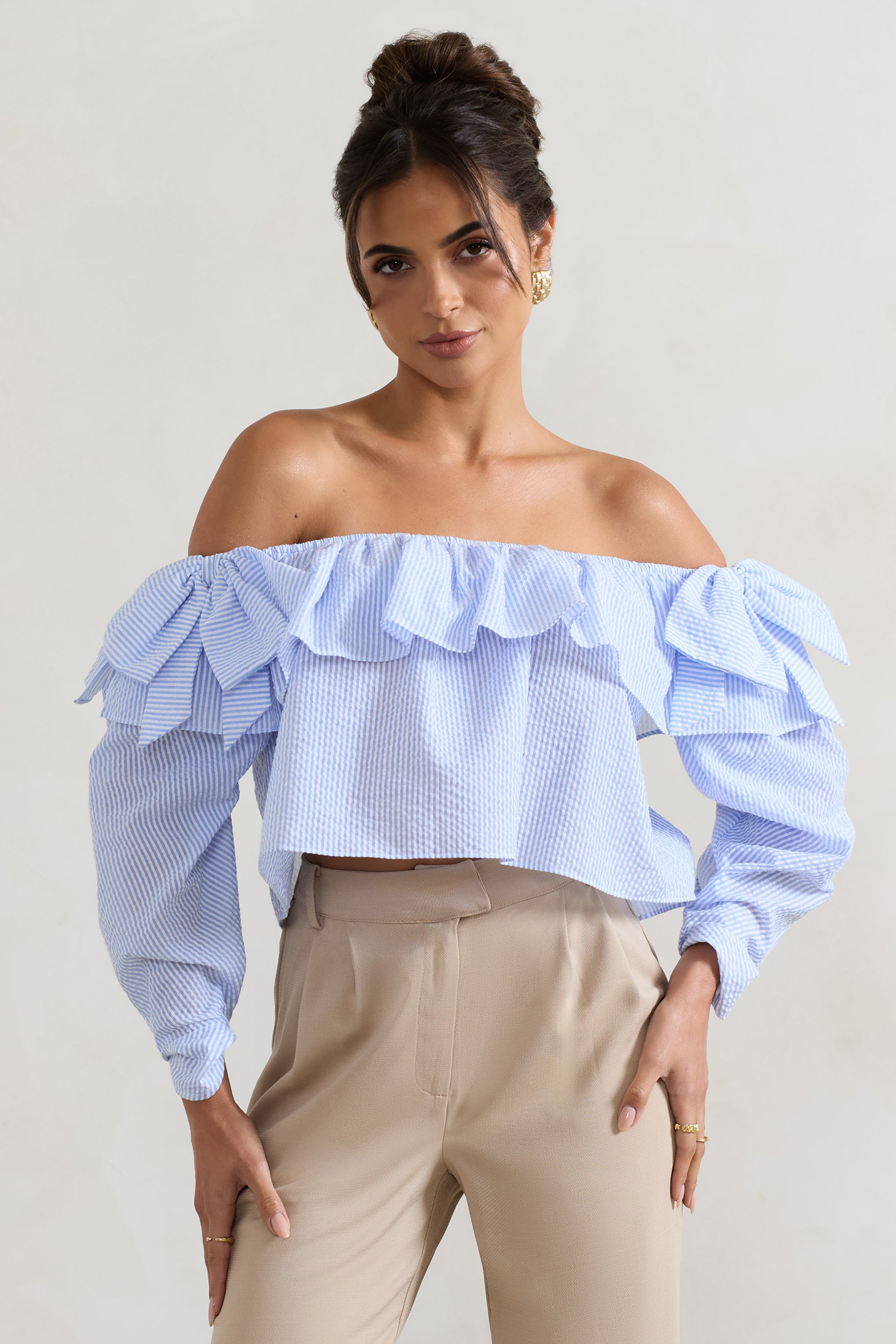  Blue Pinstripe Bardot Puff-Sleeve Top With Bows