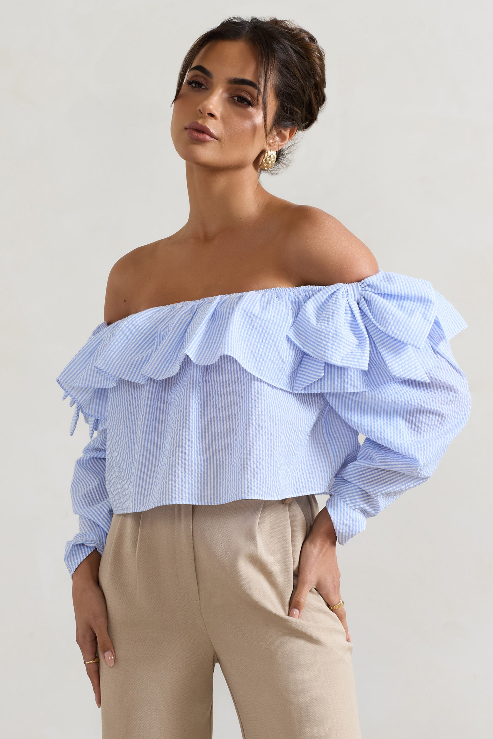  Blue Pinstripe Bardot Puff-Sleeve Top With Bows