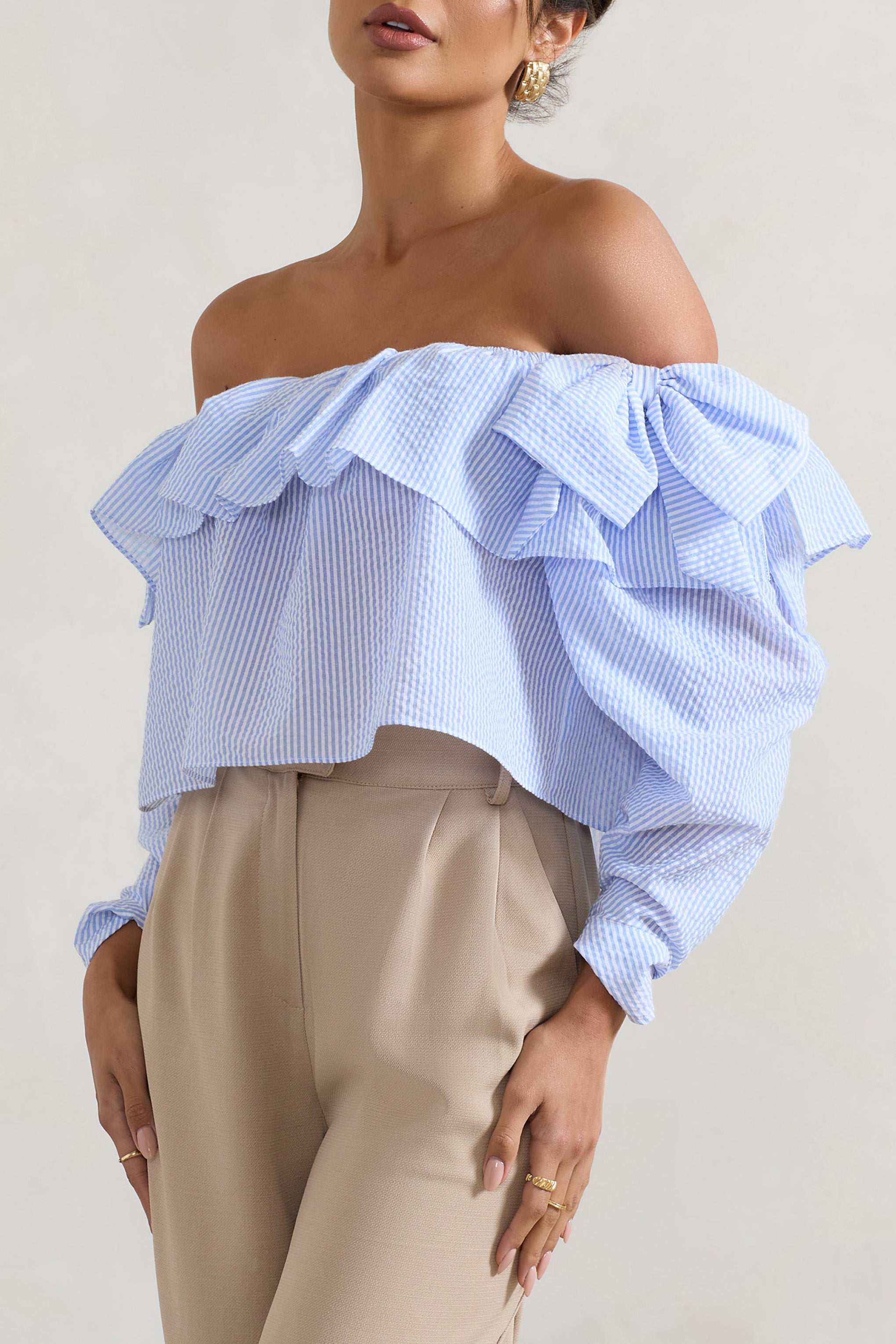  Blue Pinstripe Bardot Puff-Sleeve Top With Bows