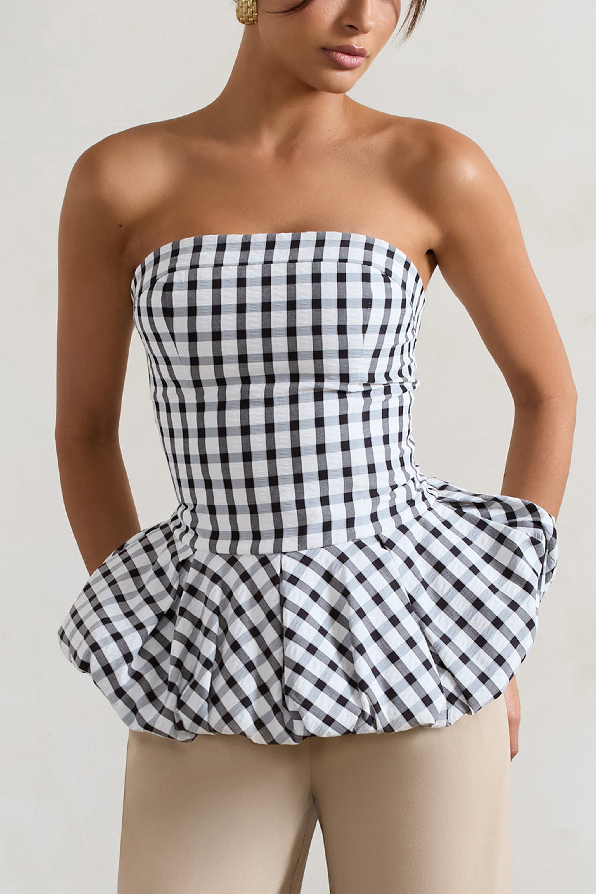 Black & White Gingham Bandeau Ruffle Top