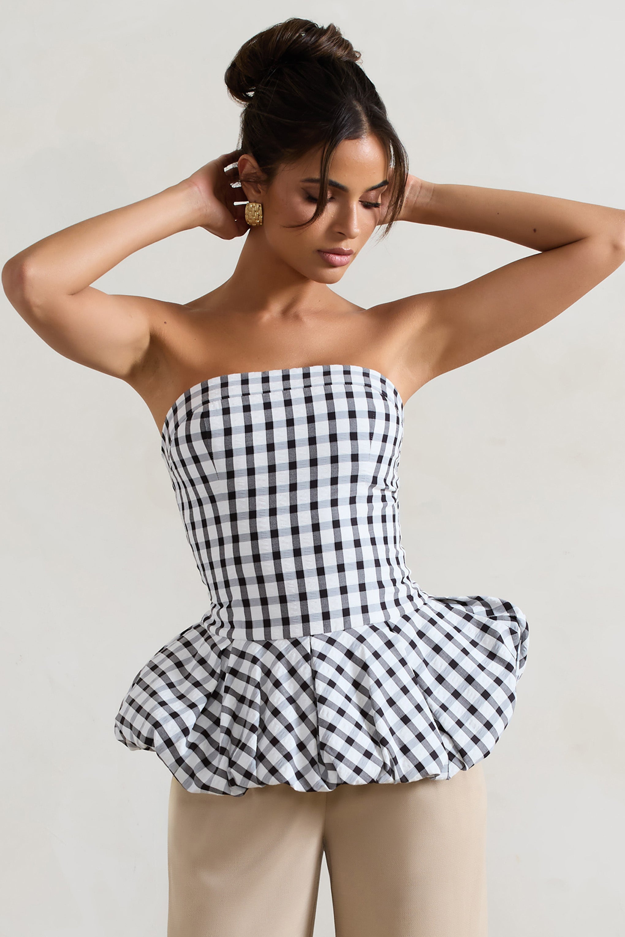 Black & White Gingham Bandeau Ruffle Top