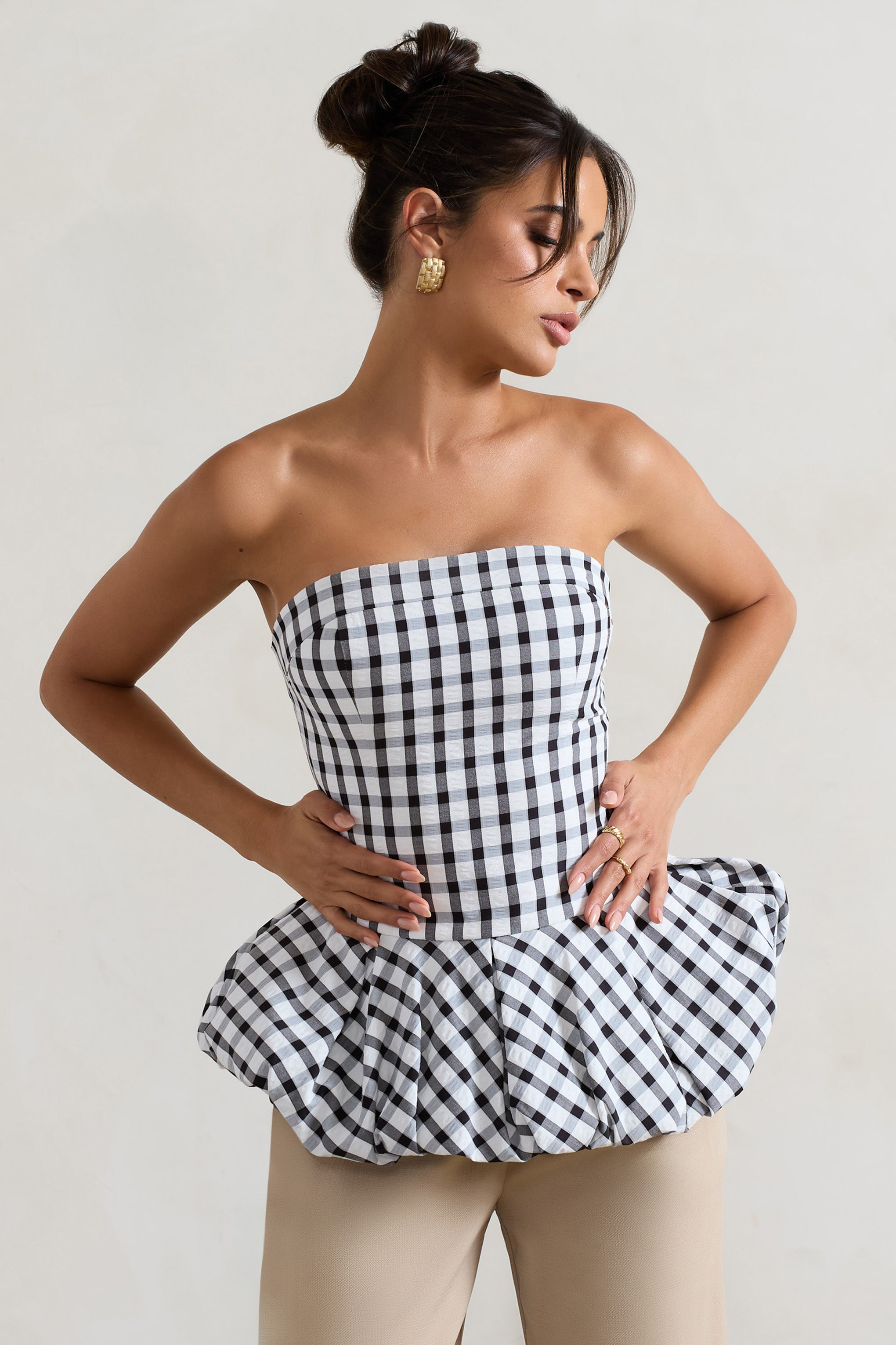 Black & White Gingham Bandeau Ruffle Top
