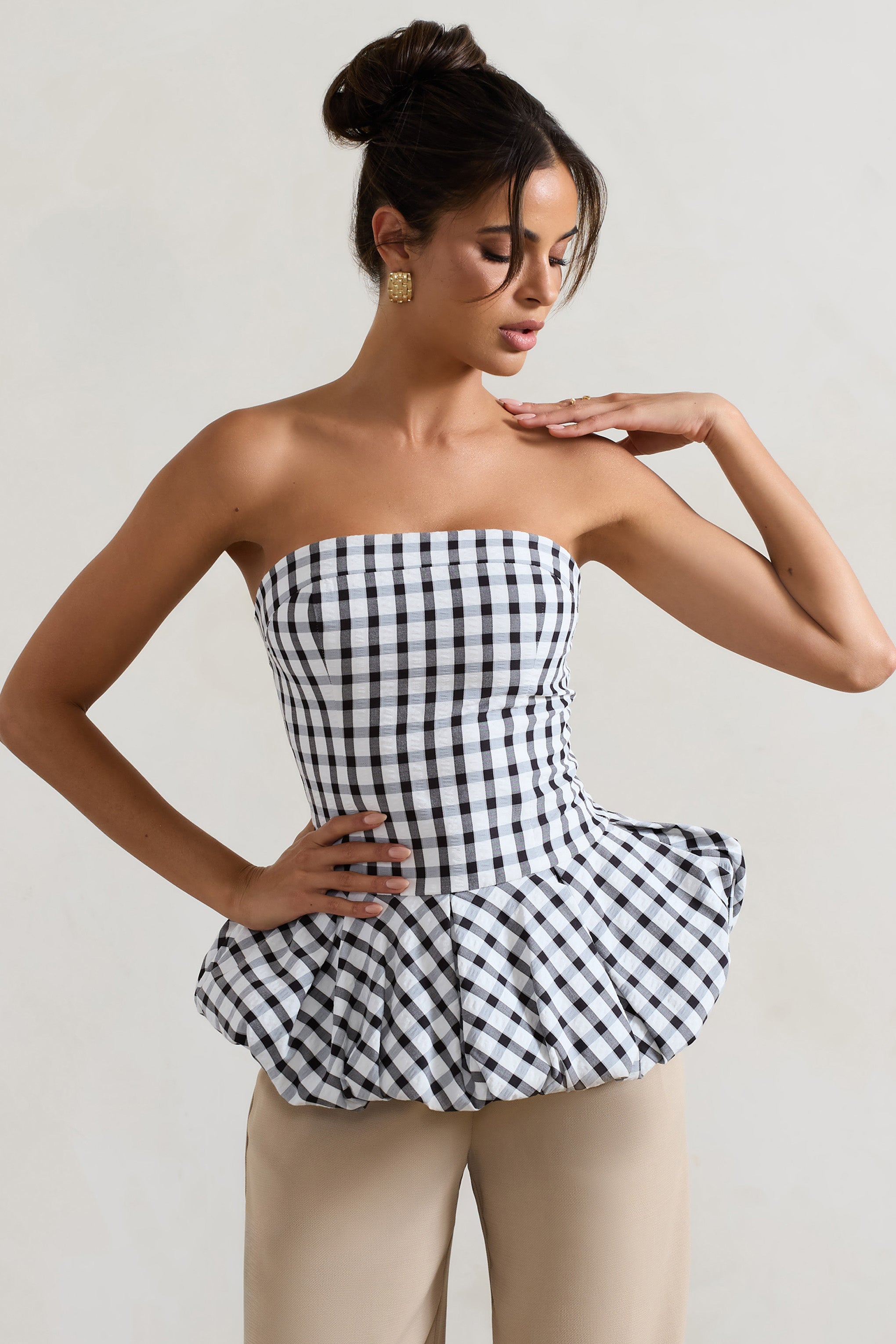 Black & White Gingham Bandeau Ruffle Top