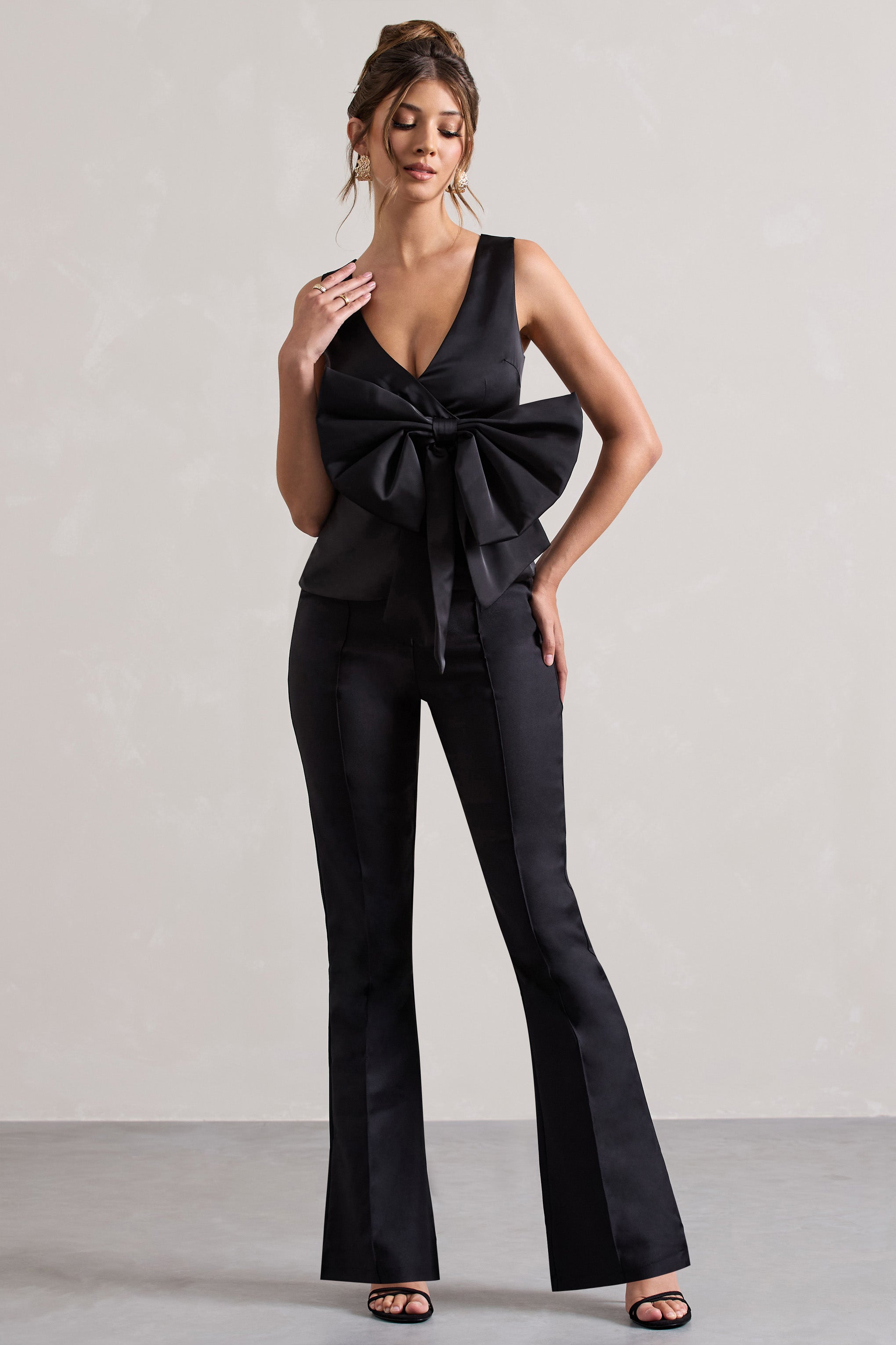 Black Satin Plunge-Neck Top With Bow