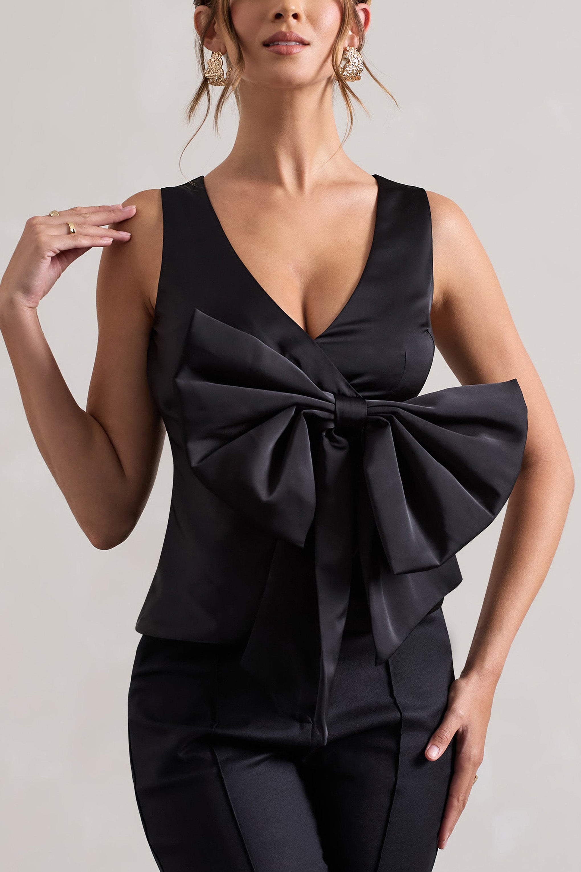 Black Satin Plunge-Neck Top With Bow
