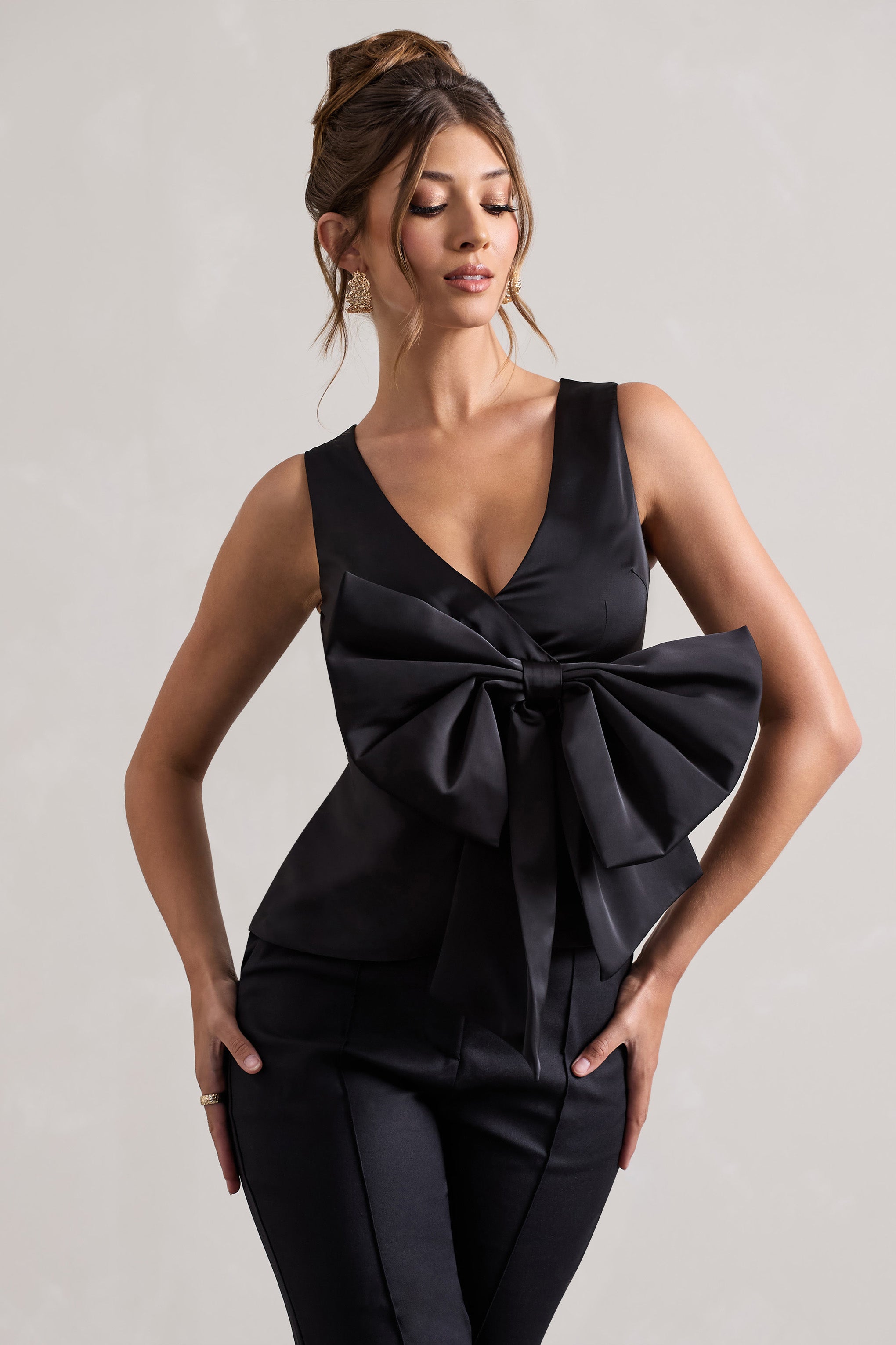 Black Satin Plunge-Neck Top With Bow