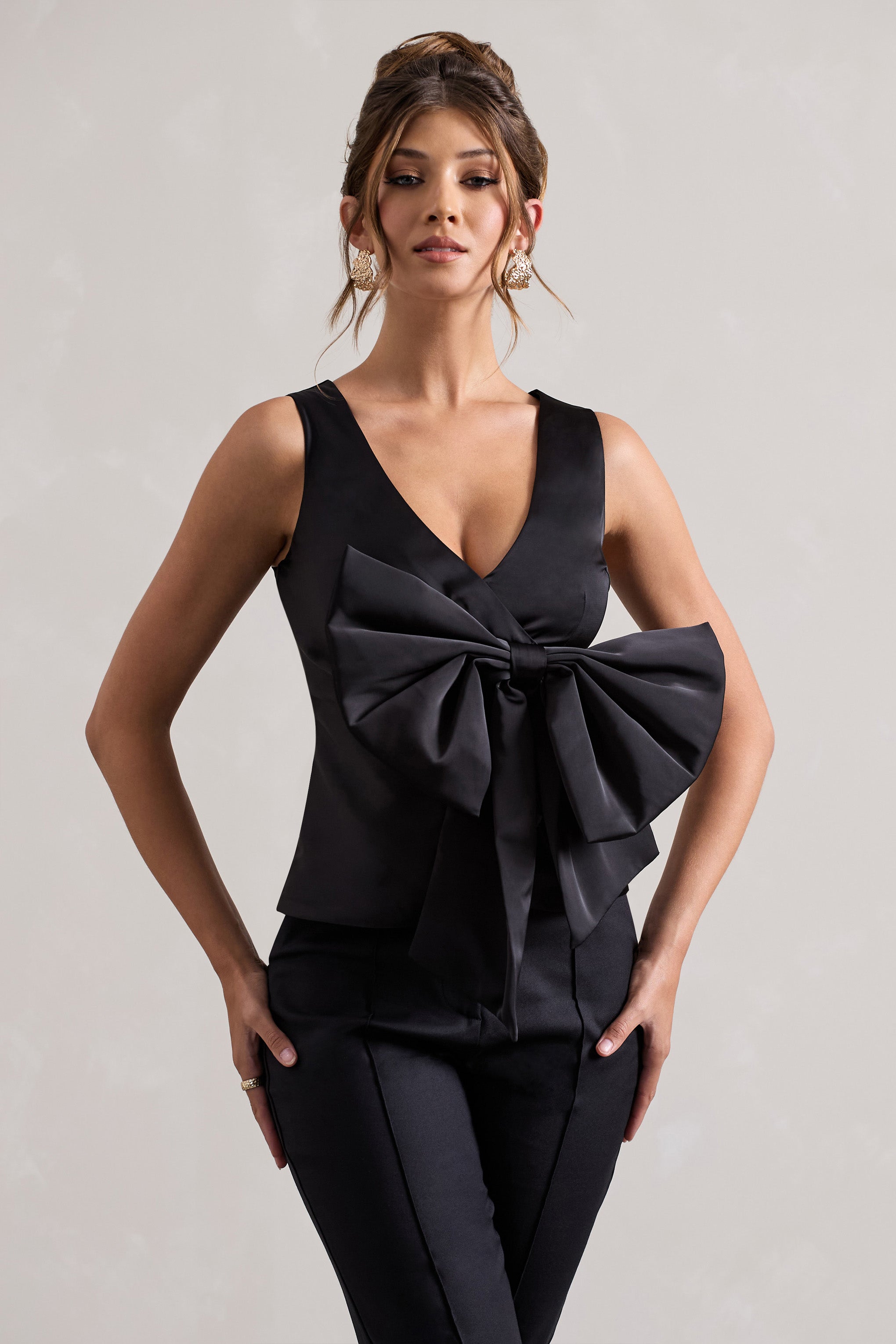 Black Satin Plunge-Neck Top With Bow