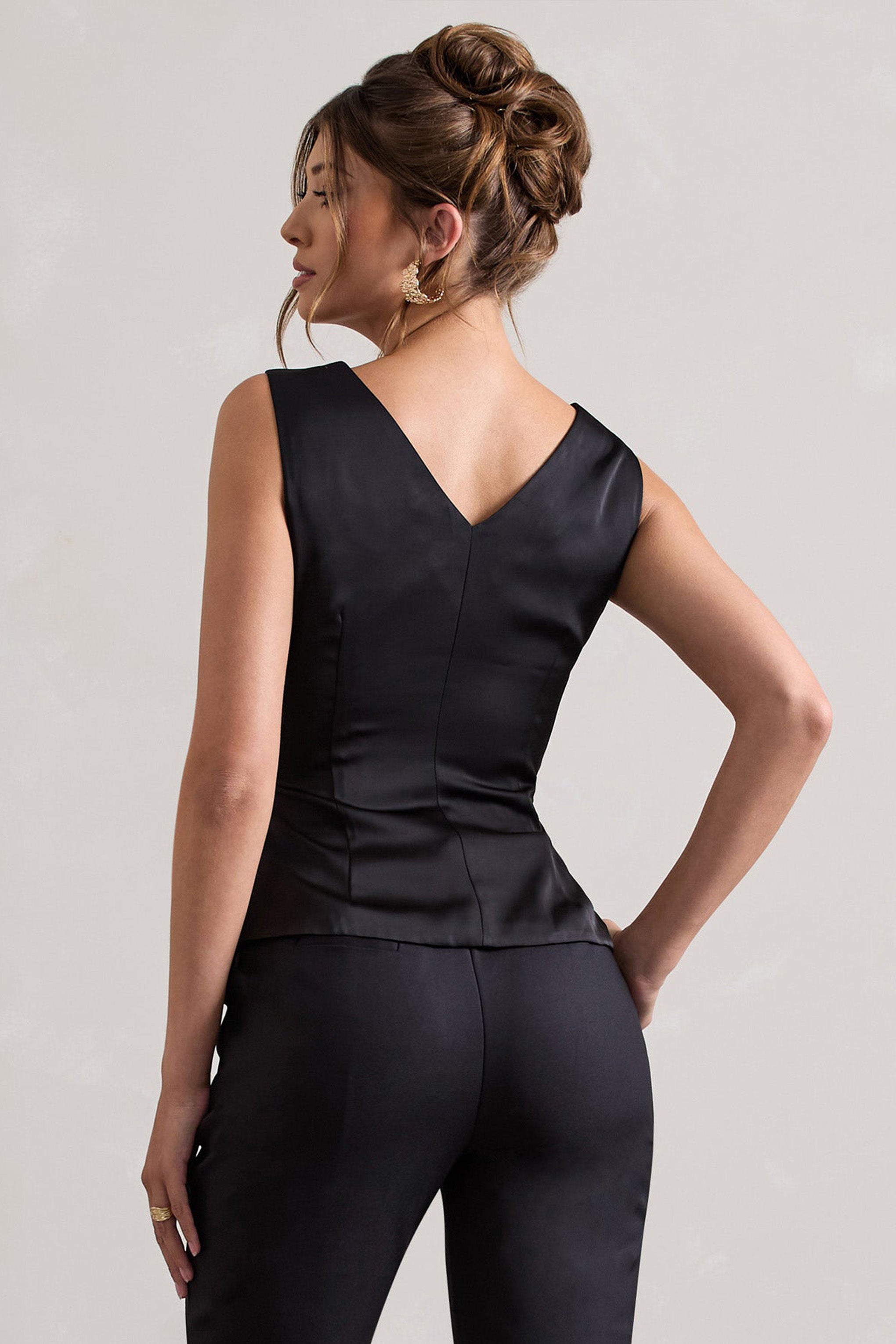 Black Satin Plunge-Neck Top With Bow