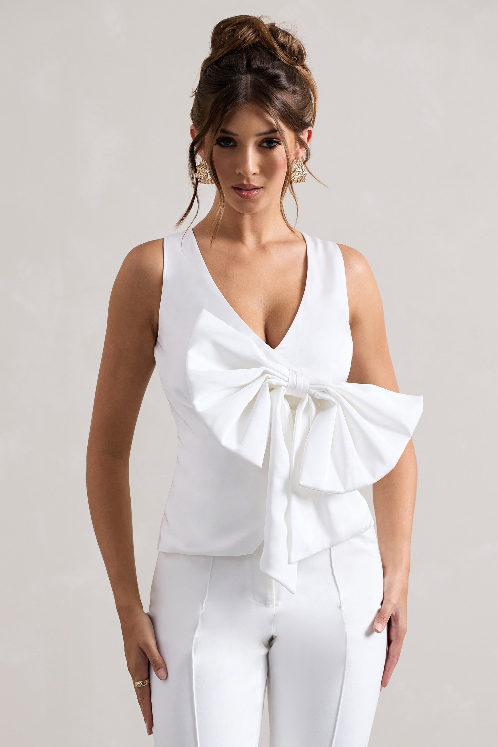 Cream Satin Plunge-Neck Top With Bow