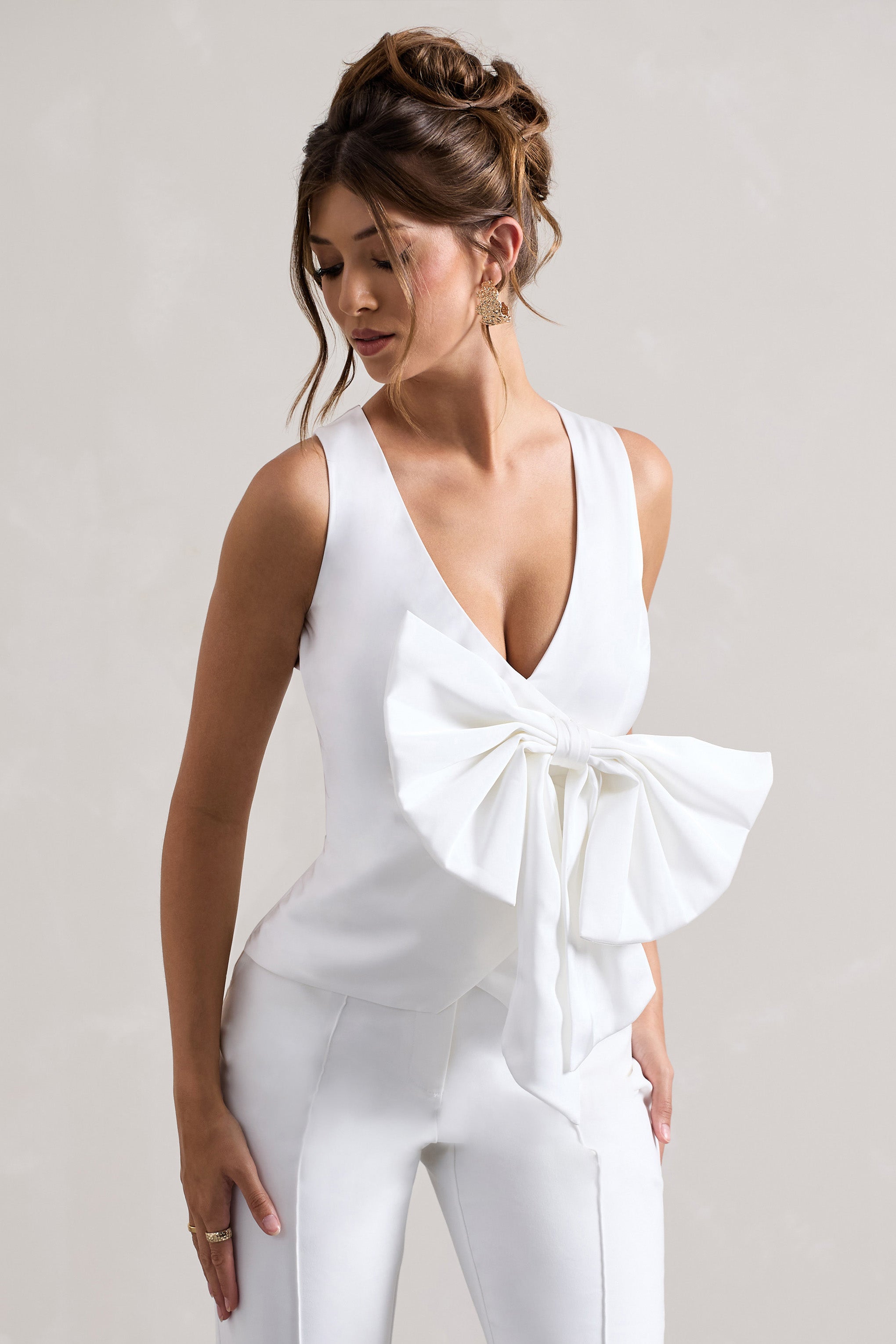 Cream Satin Plunge-Neck Top With Bow