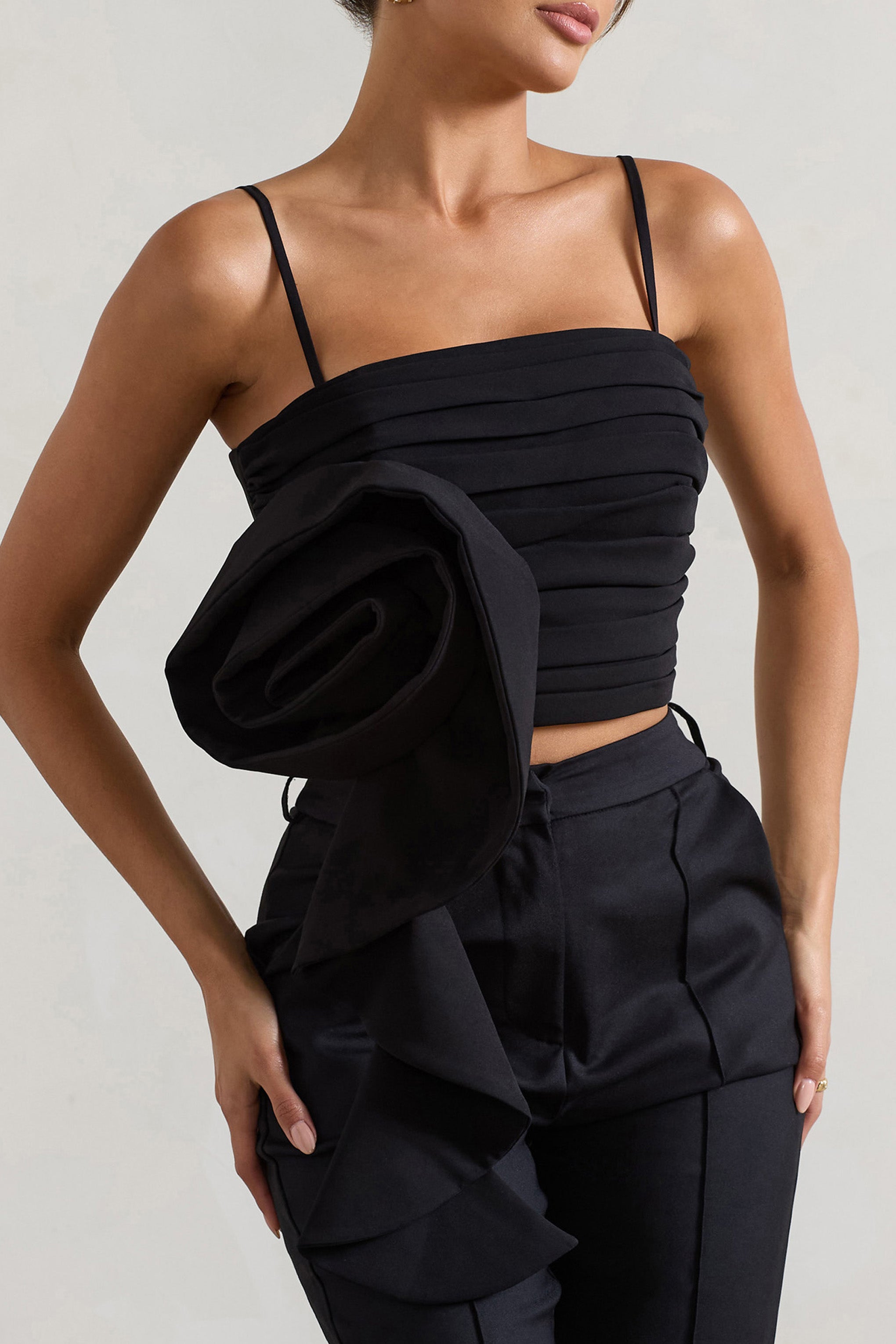  Black Strappy Top With Oversized Ruffle Detail
