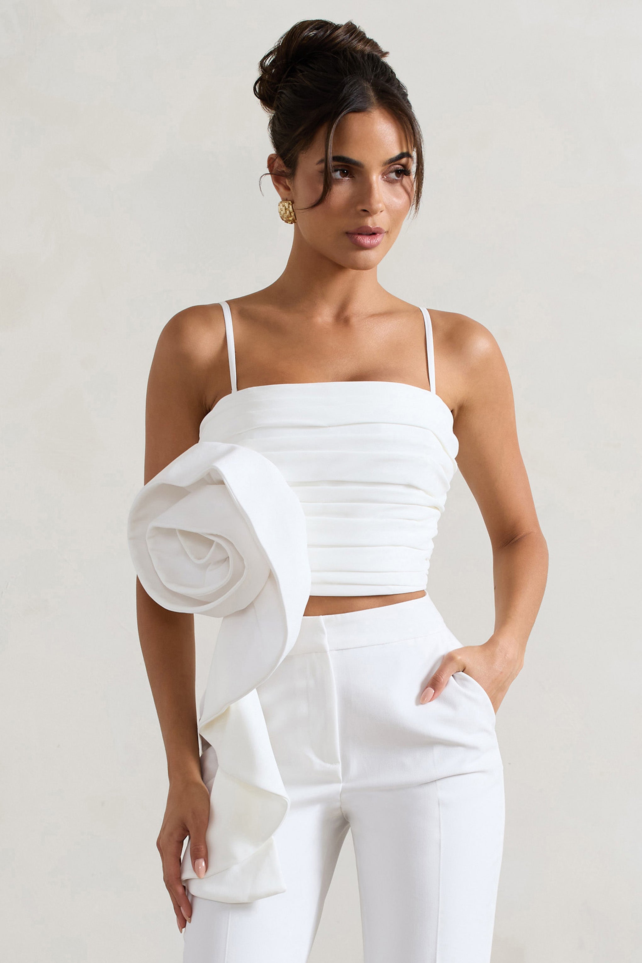 White Strappy Top With Oversized Ruffle Detail