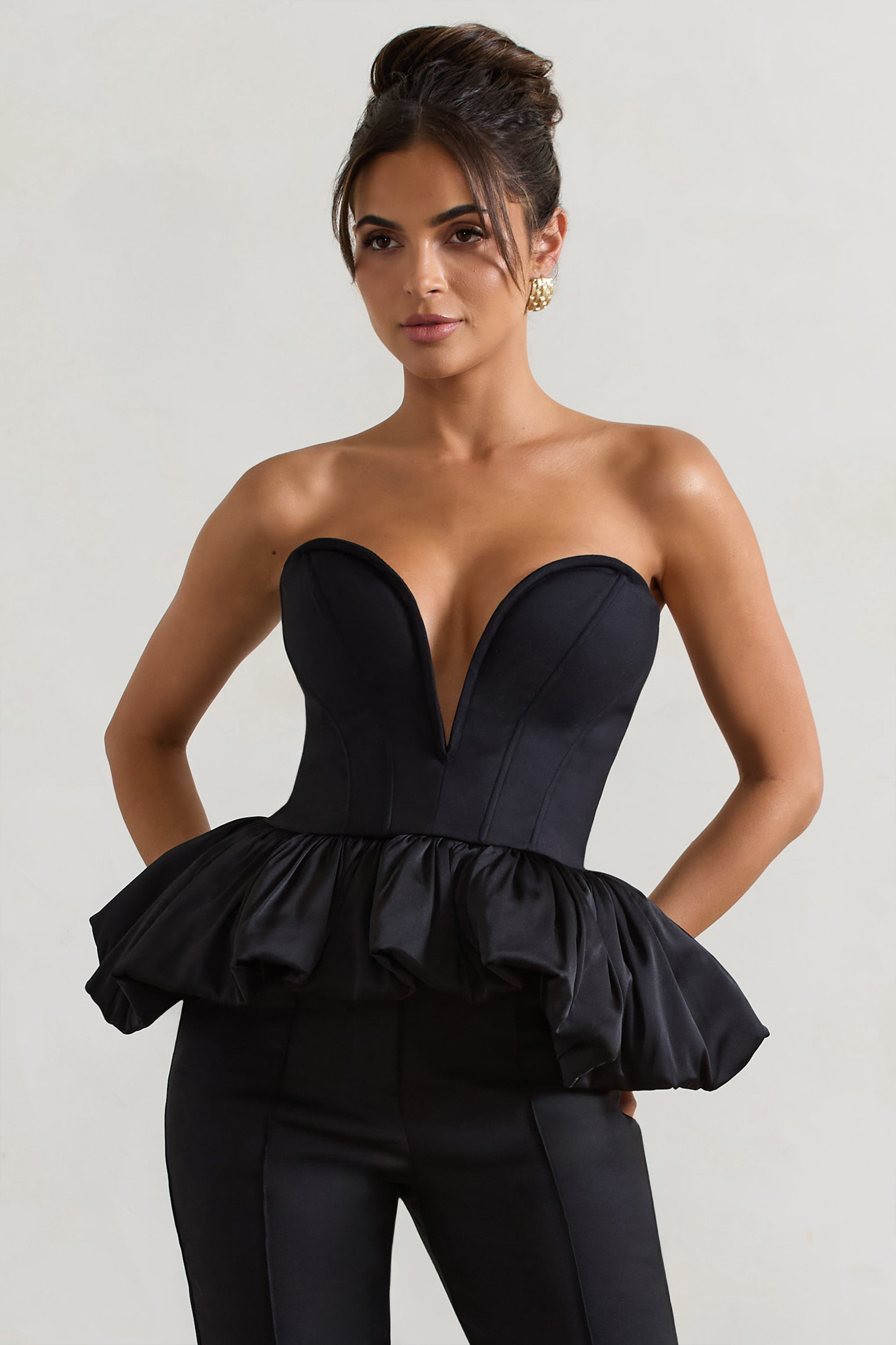 Black Sweetheart Corset Top With Satin Puff Hem