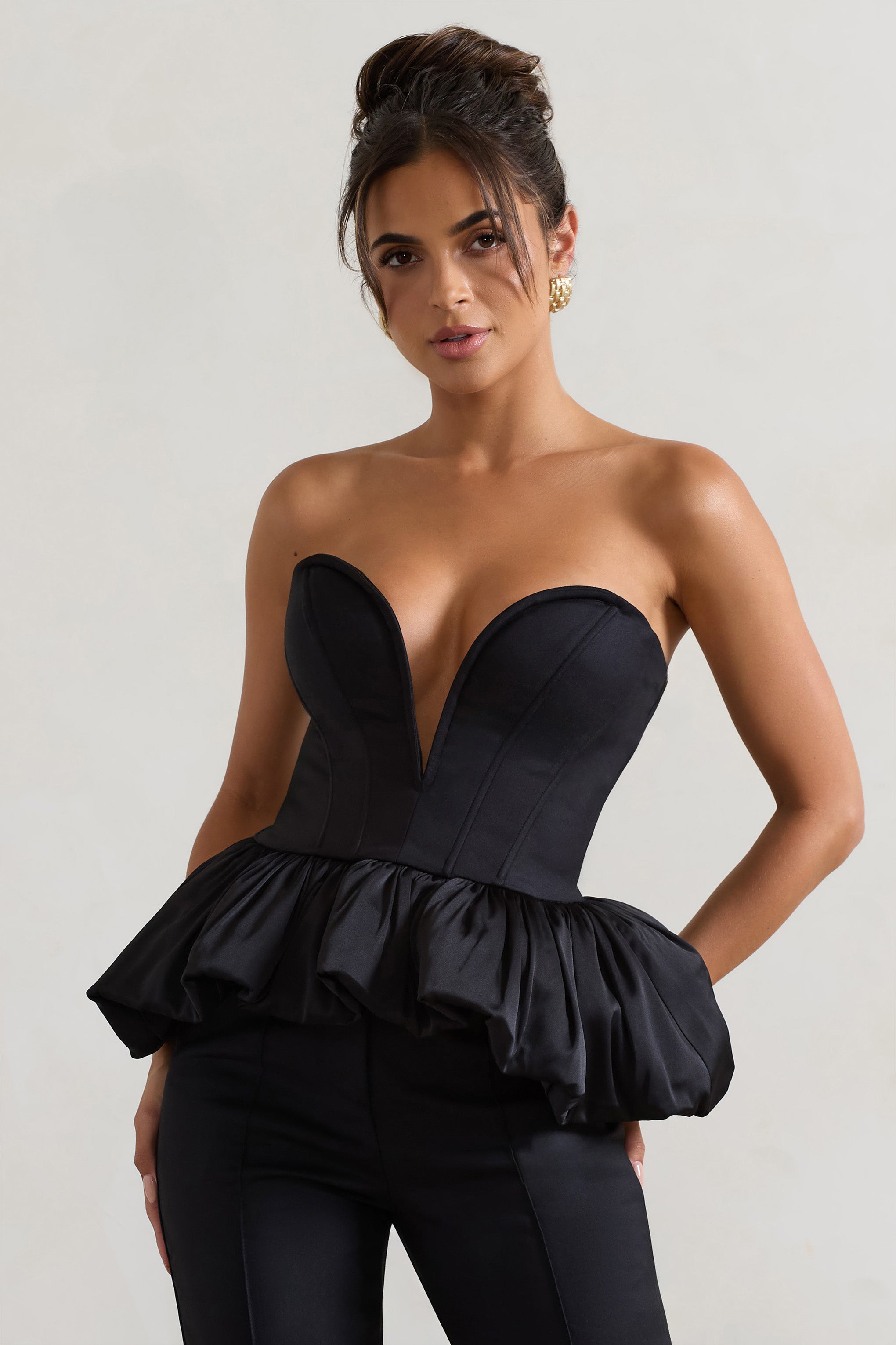 Black Sweetheart Corset Top With Satin Puff Hem