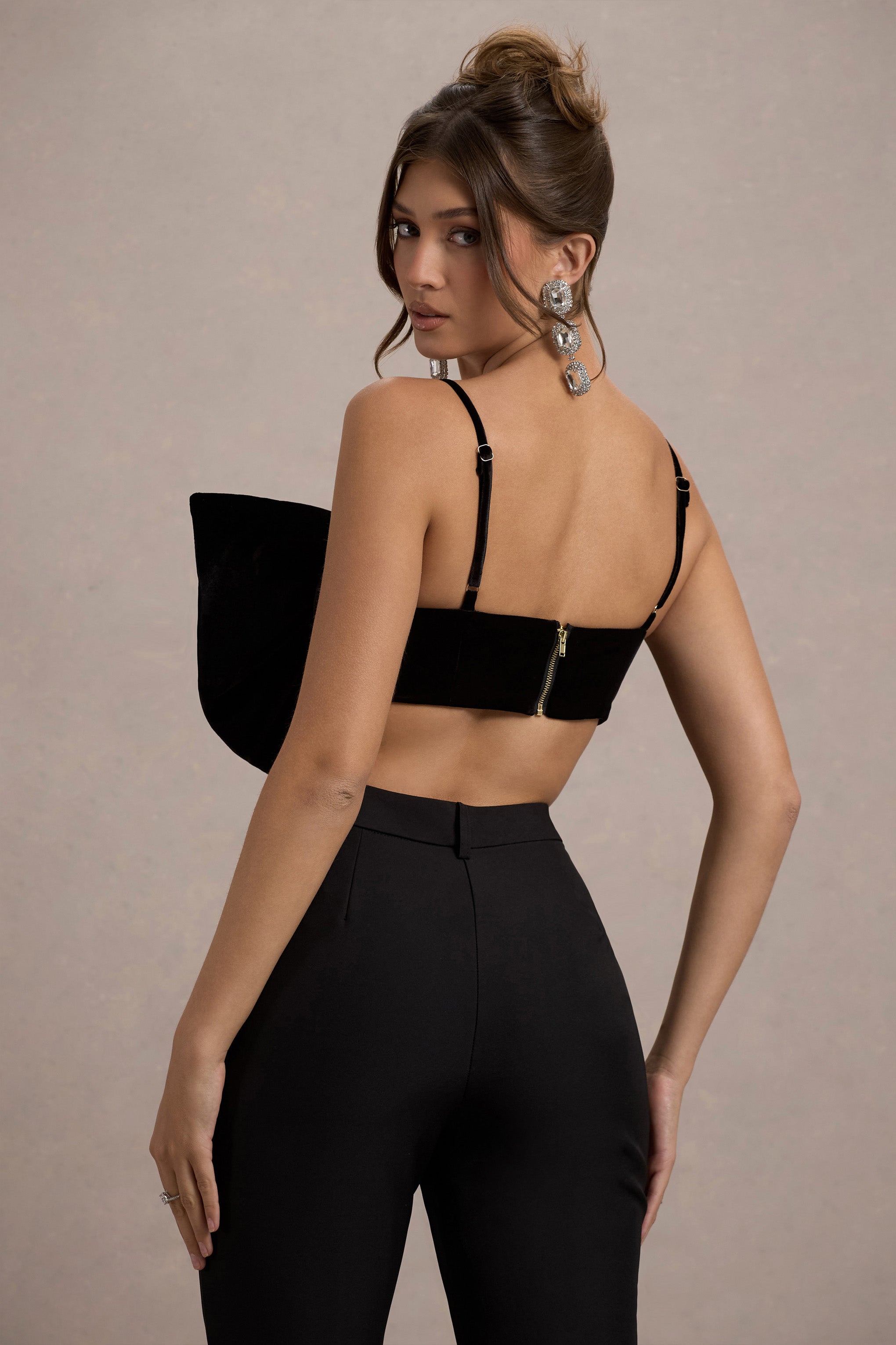  Black Velvet Strappy Bow Crop Top