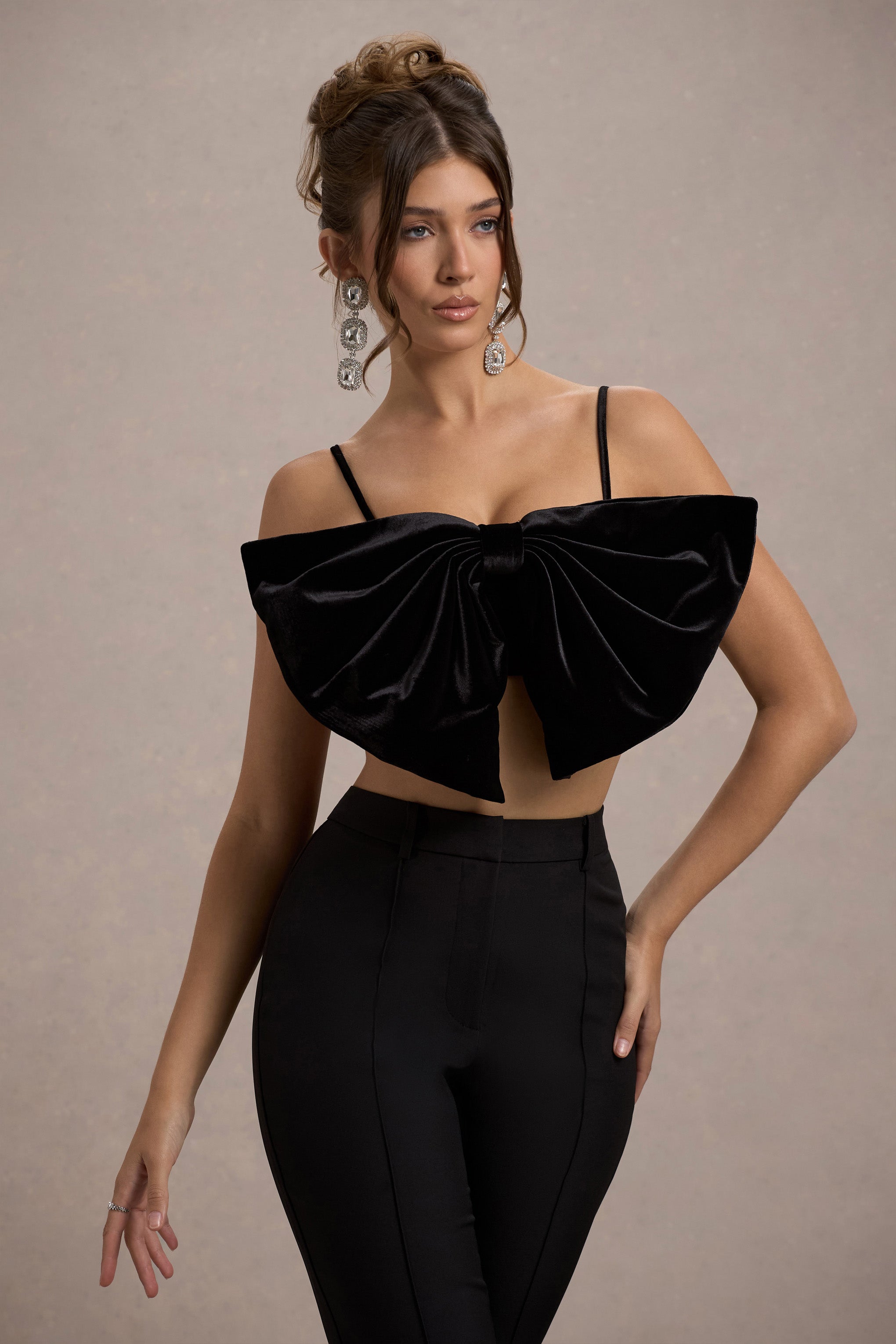  Black Velvet Strappy Bow Crop Top