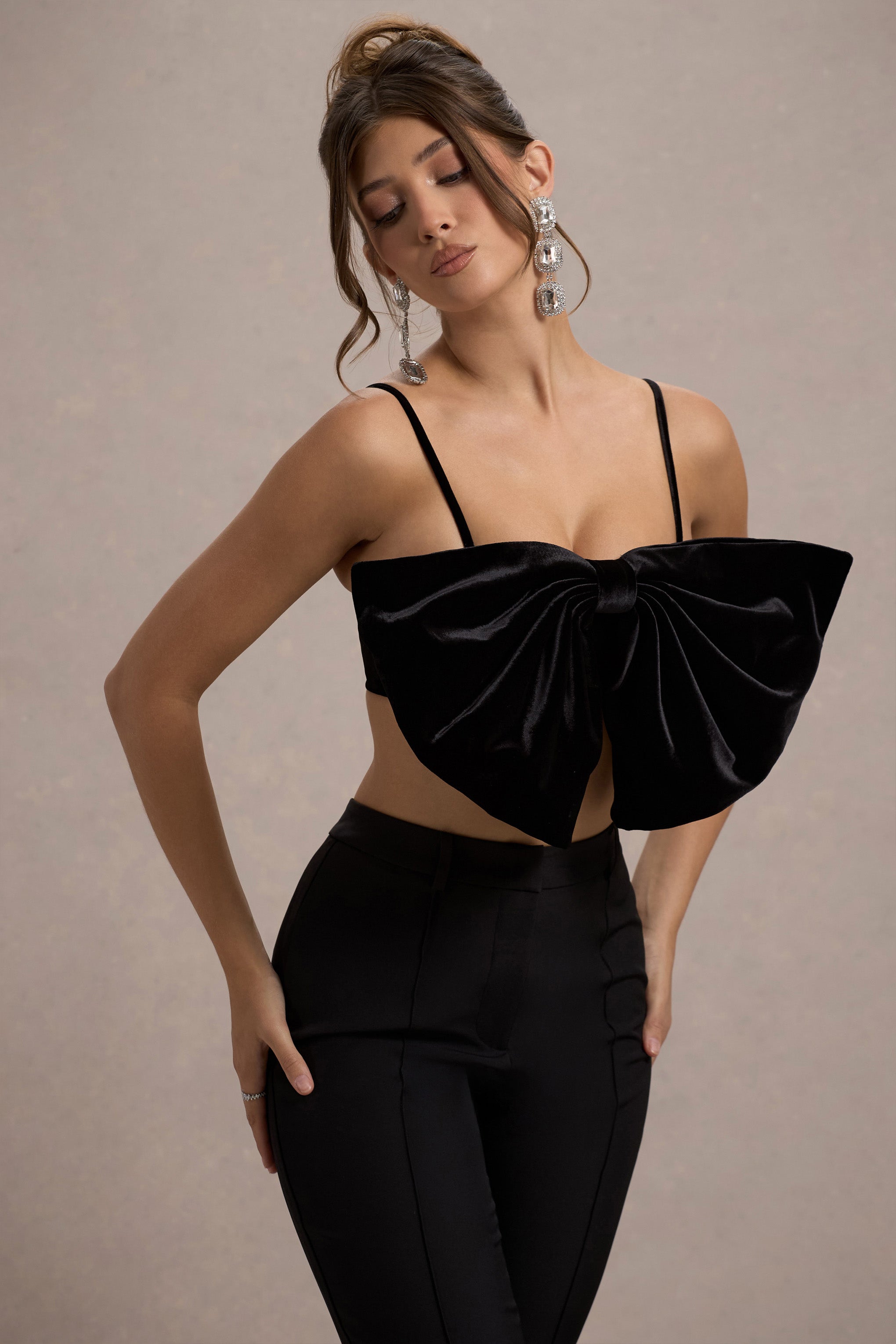  Black Velvet Strappy Bow Crop Top