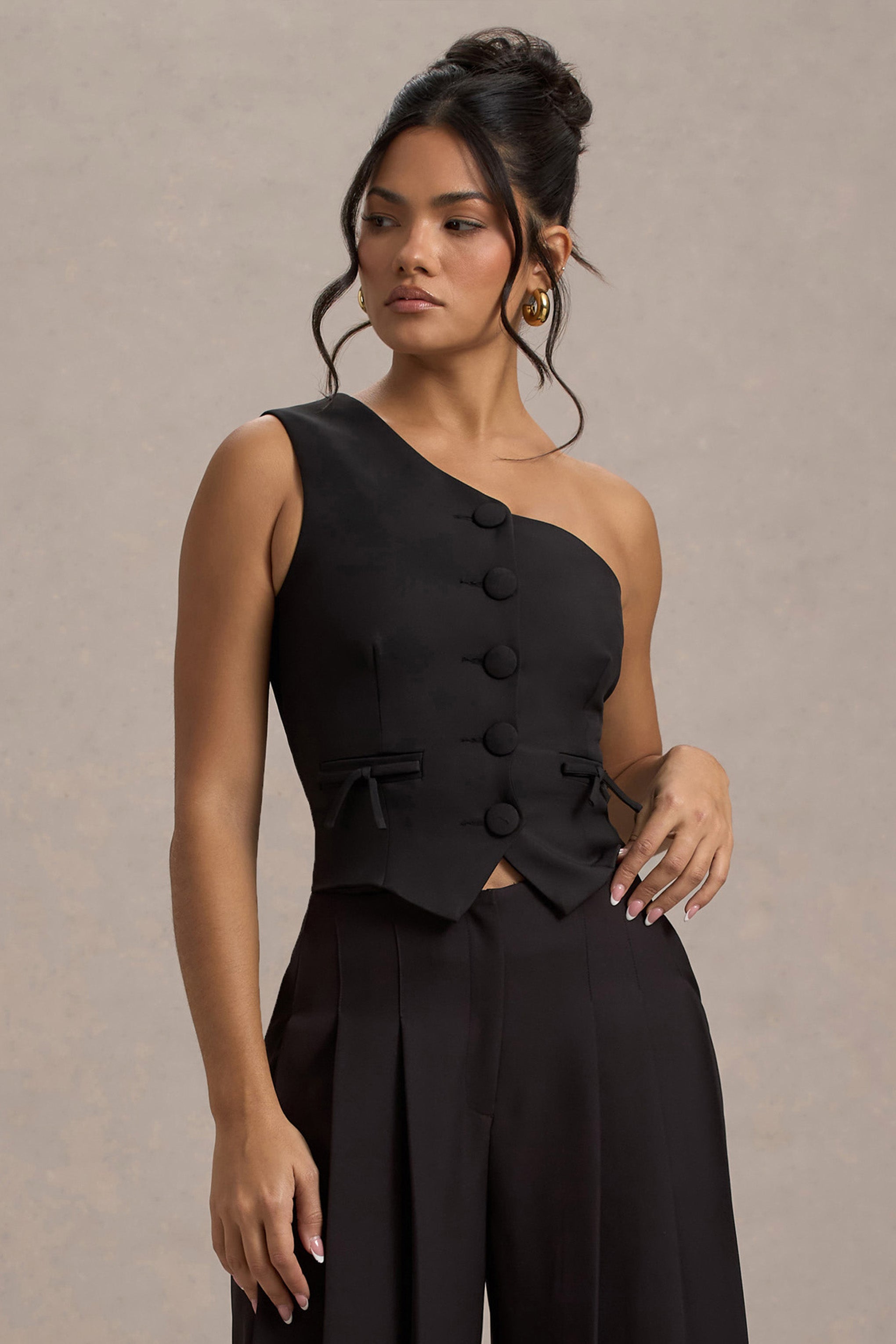Black One Shoulder Tailored Top With Bows