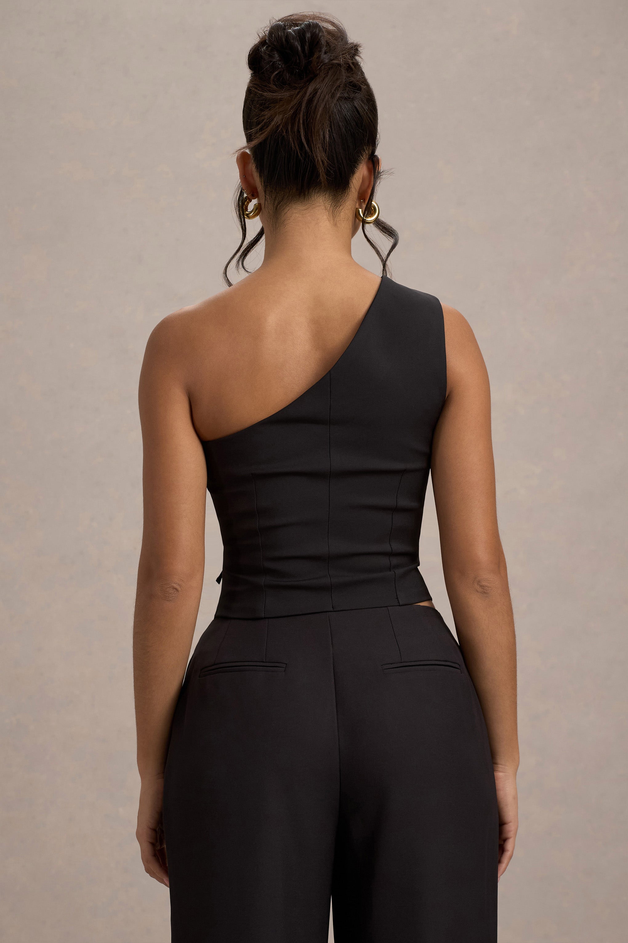 Black One Shoulder Tailored Top With Bows