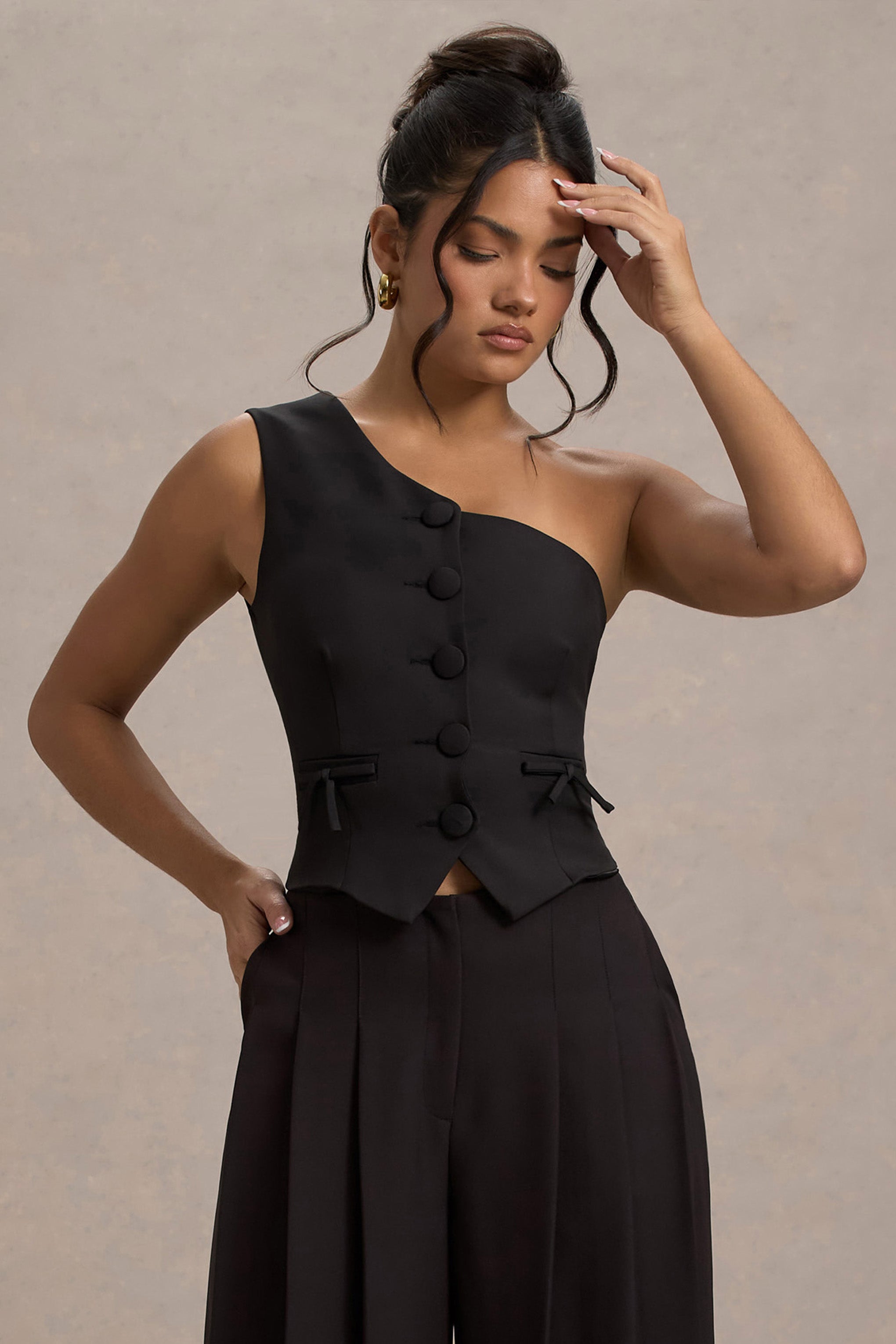 Black One Shoulder Tailored Top With Bows