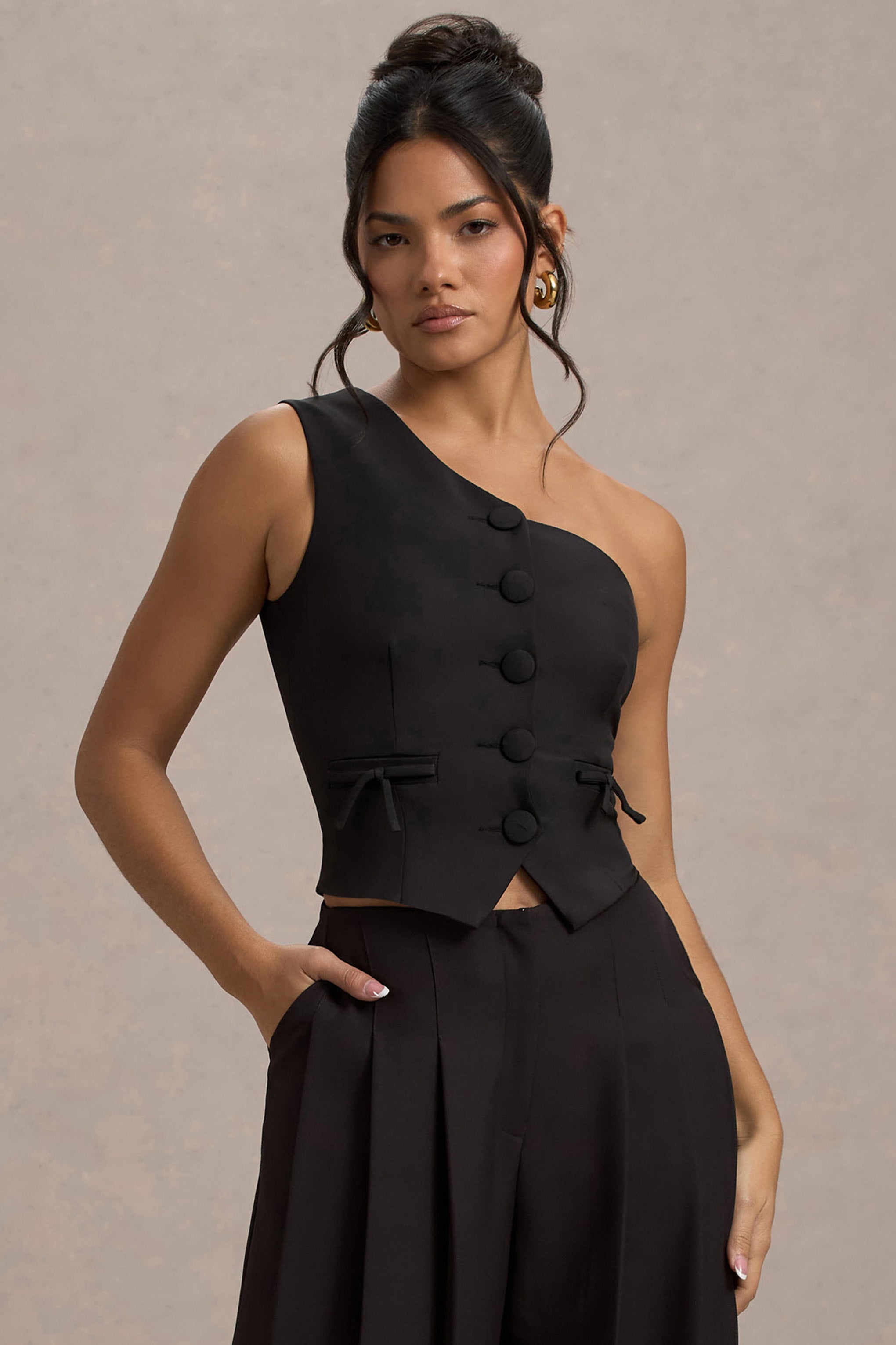 Black One Shoulder Tailored Top With Bows
