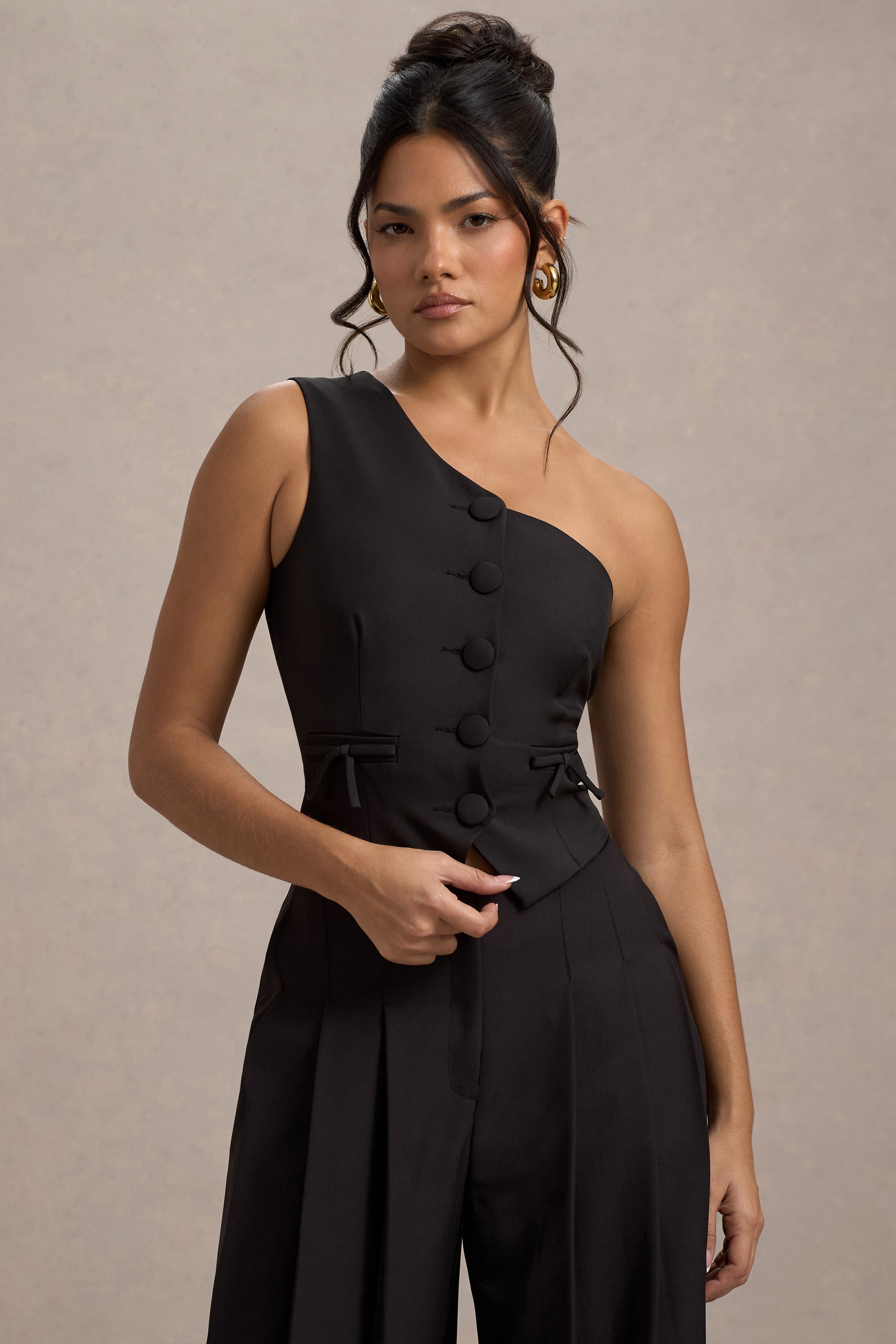 Black One Shoulder Tailored Top With Bows