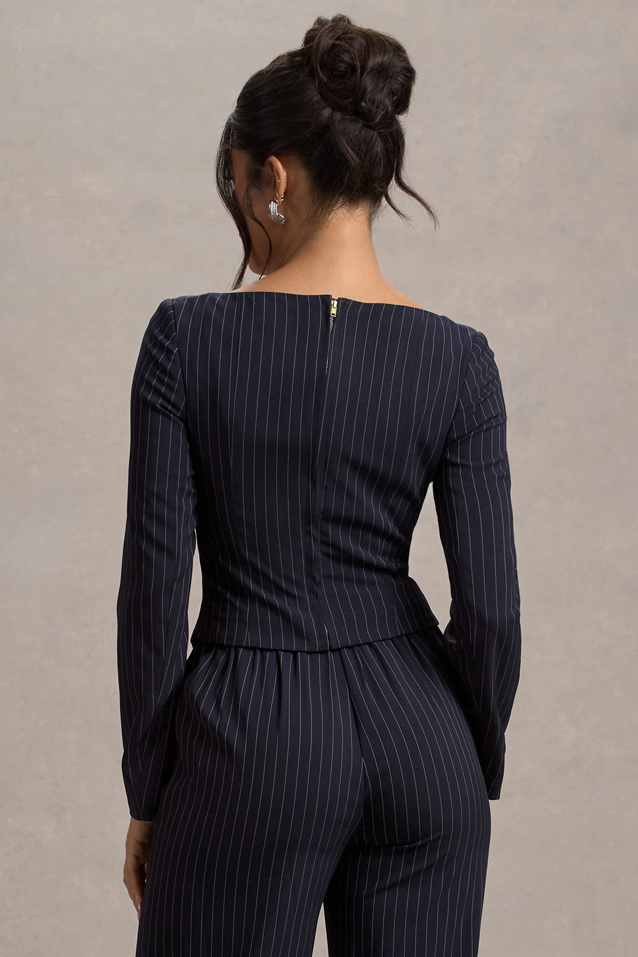  Navy Pinstripe Tailored Top