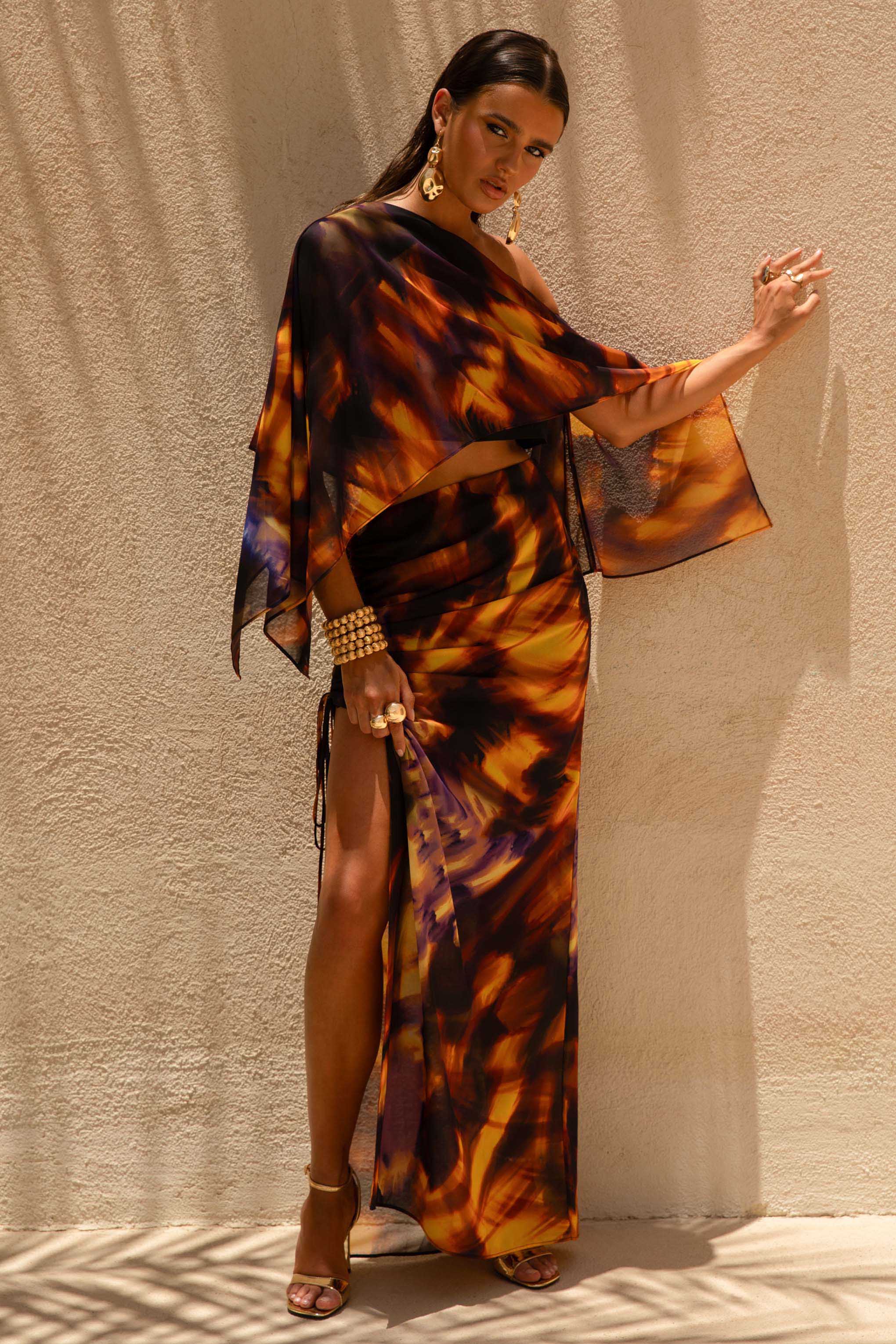 Smoke Print Asymmetric Crop Top