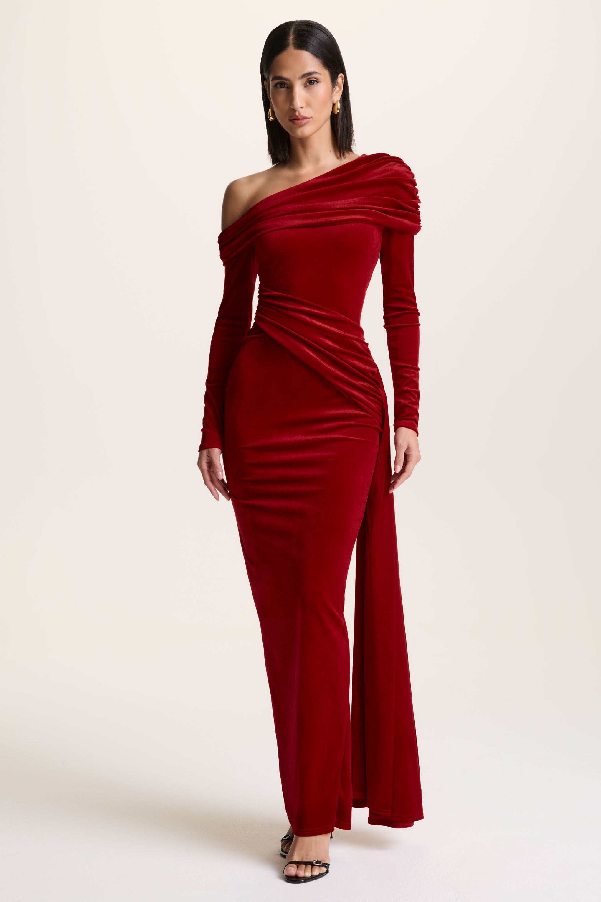 Red Velvet Asymmetric-Neck Maxi Dress With Sash-Detail
