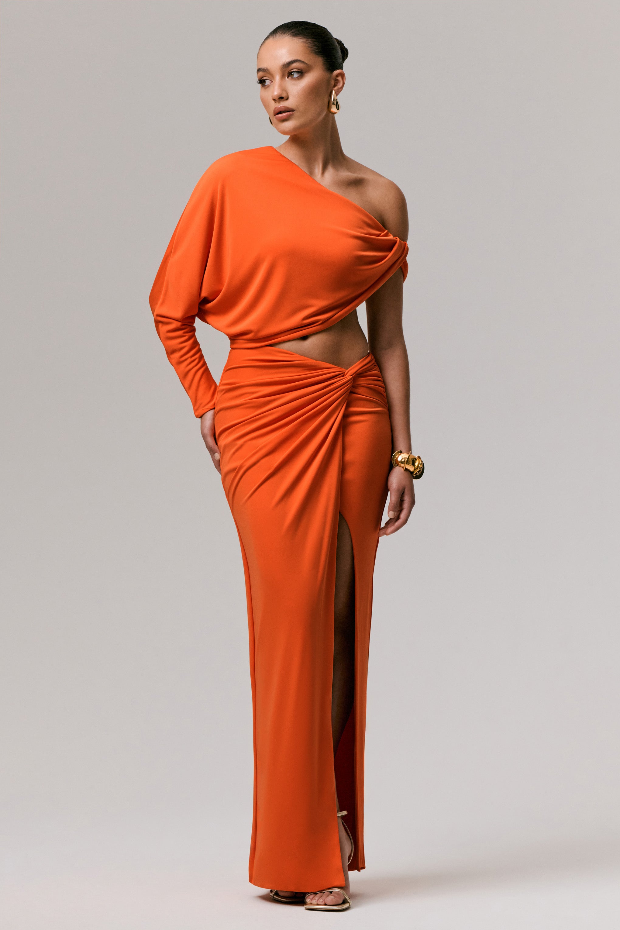 Orange Asymmetric One-Sleeve Draped Top