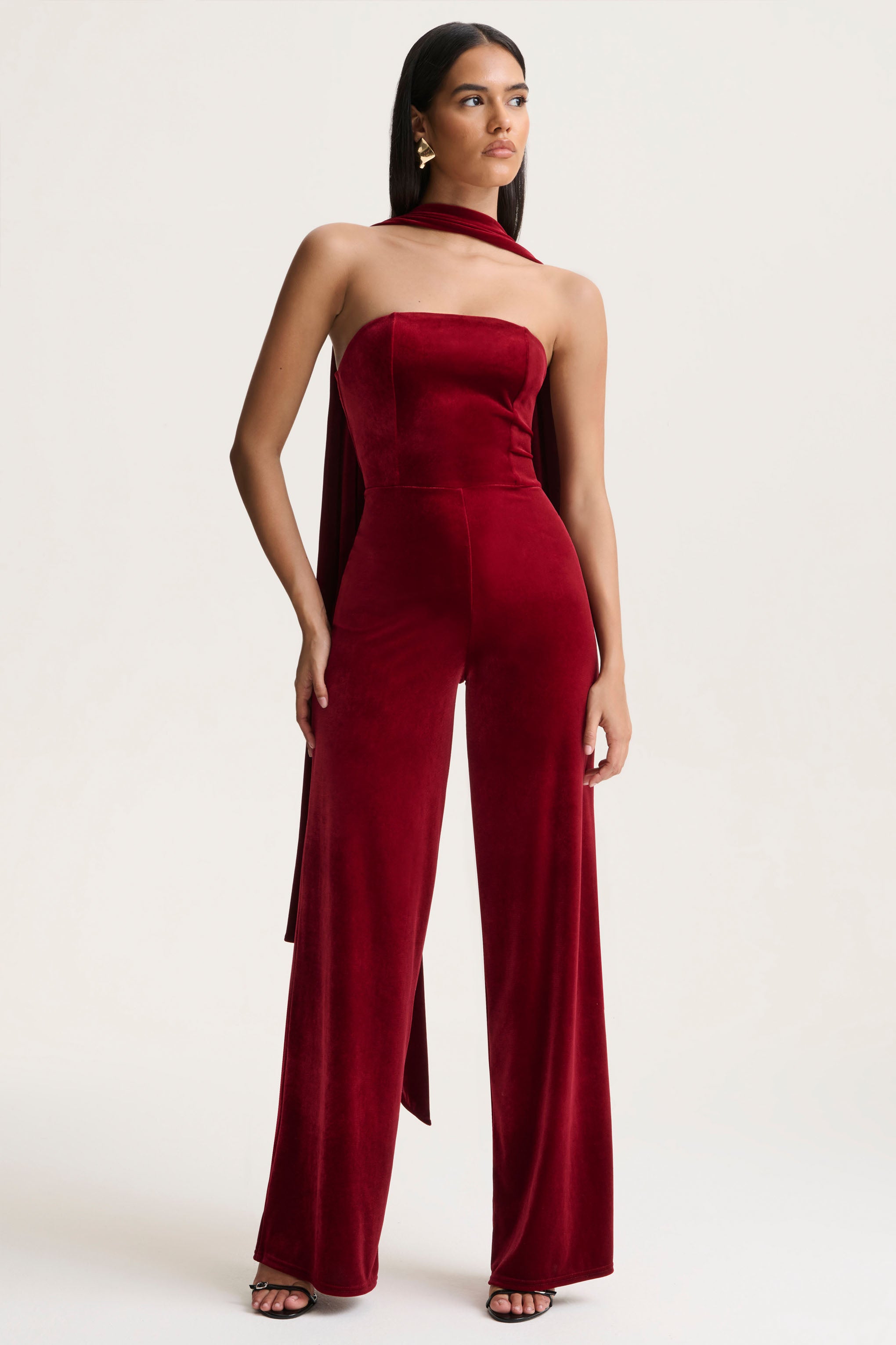 Burgundy Velvet Bandeau Jumpsuit With Scarf