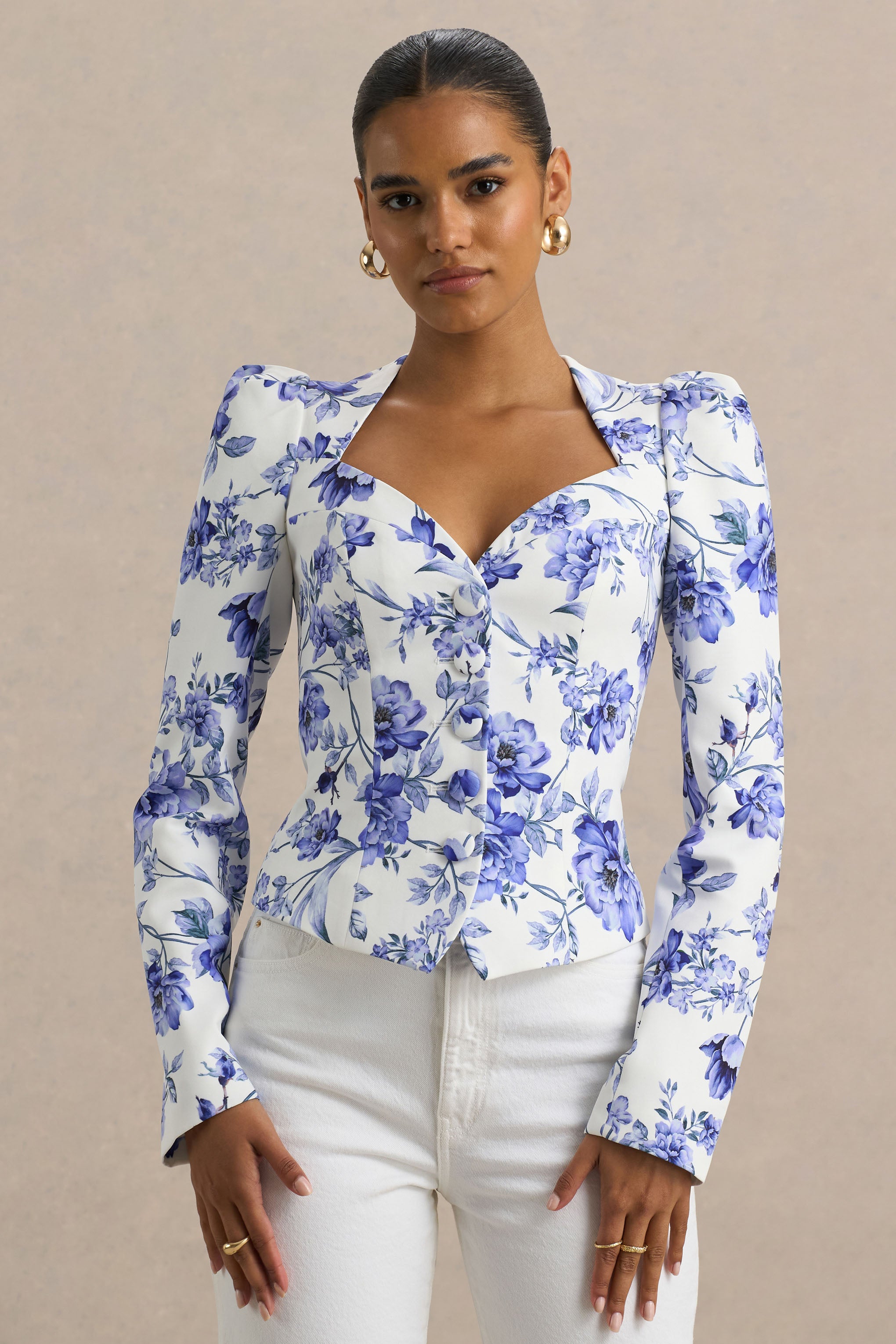 Blue Floral Print Sweetheart-Neck Tailored Top