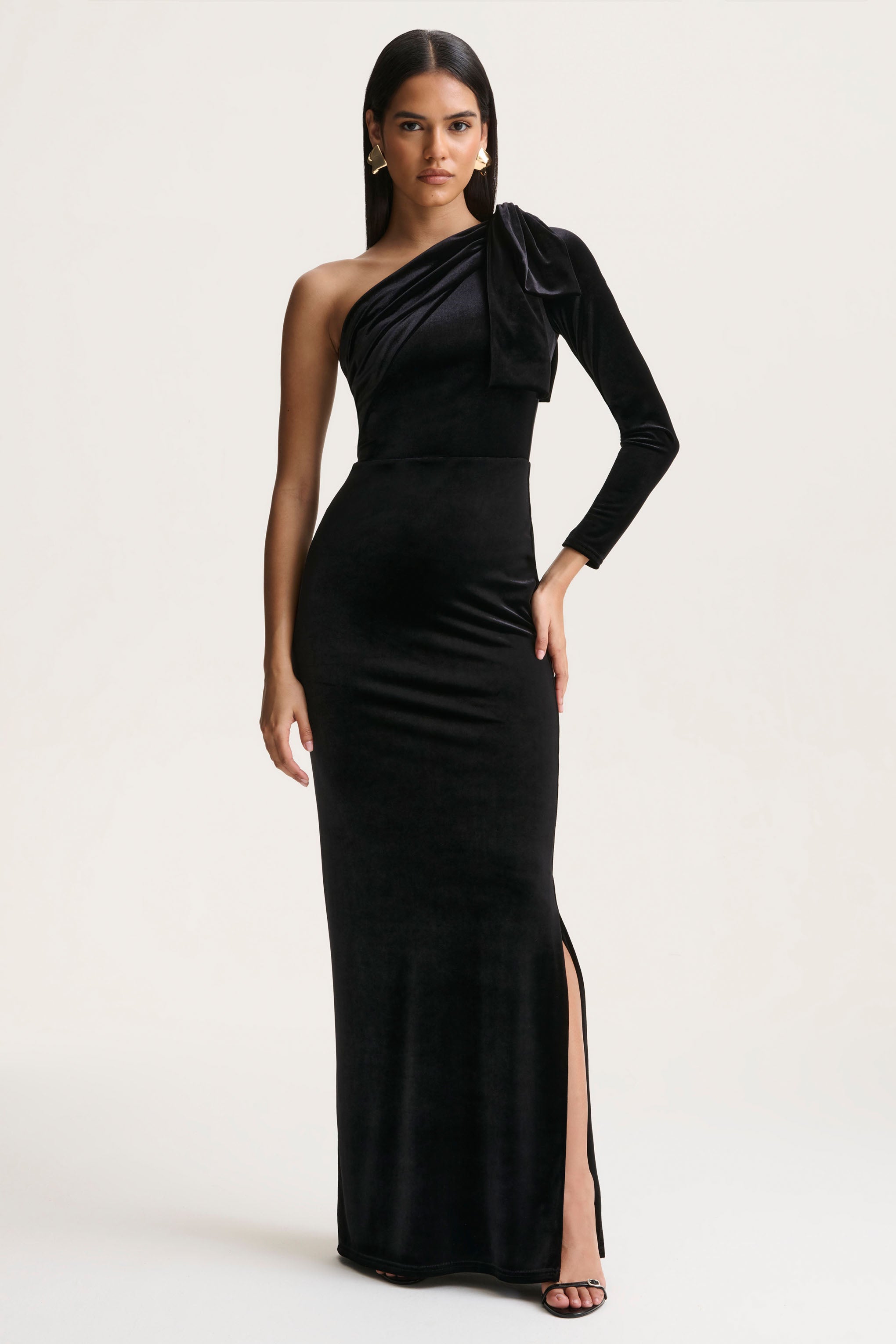 Farryn | Black Asymmetric-Neck Maxi Dress With Bow Detail