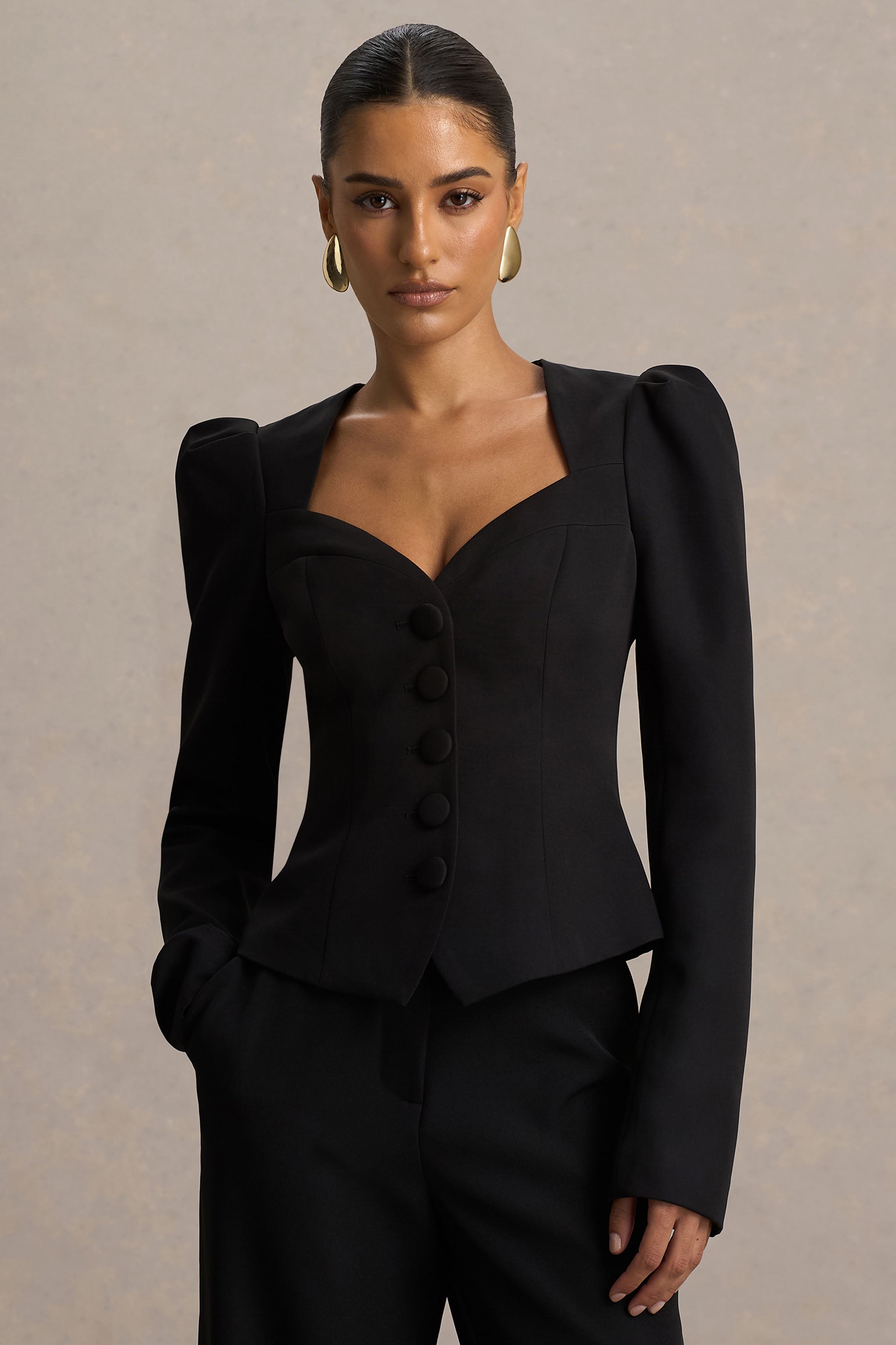 Black Sweetheart-Neck Tailored Top