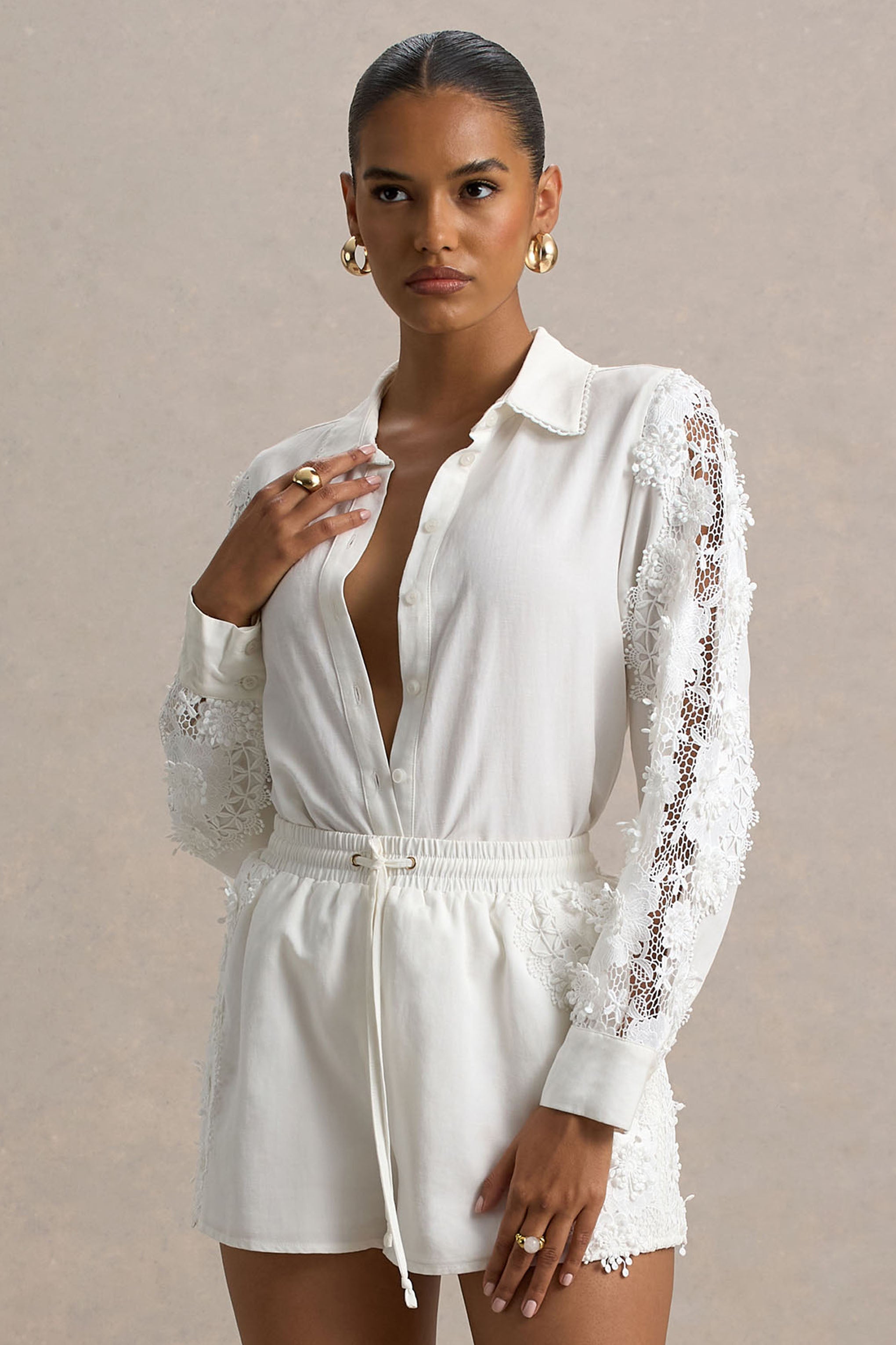 Ecru Linen Button-Up Shirt With Lace Detail