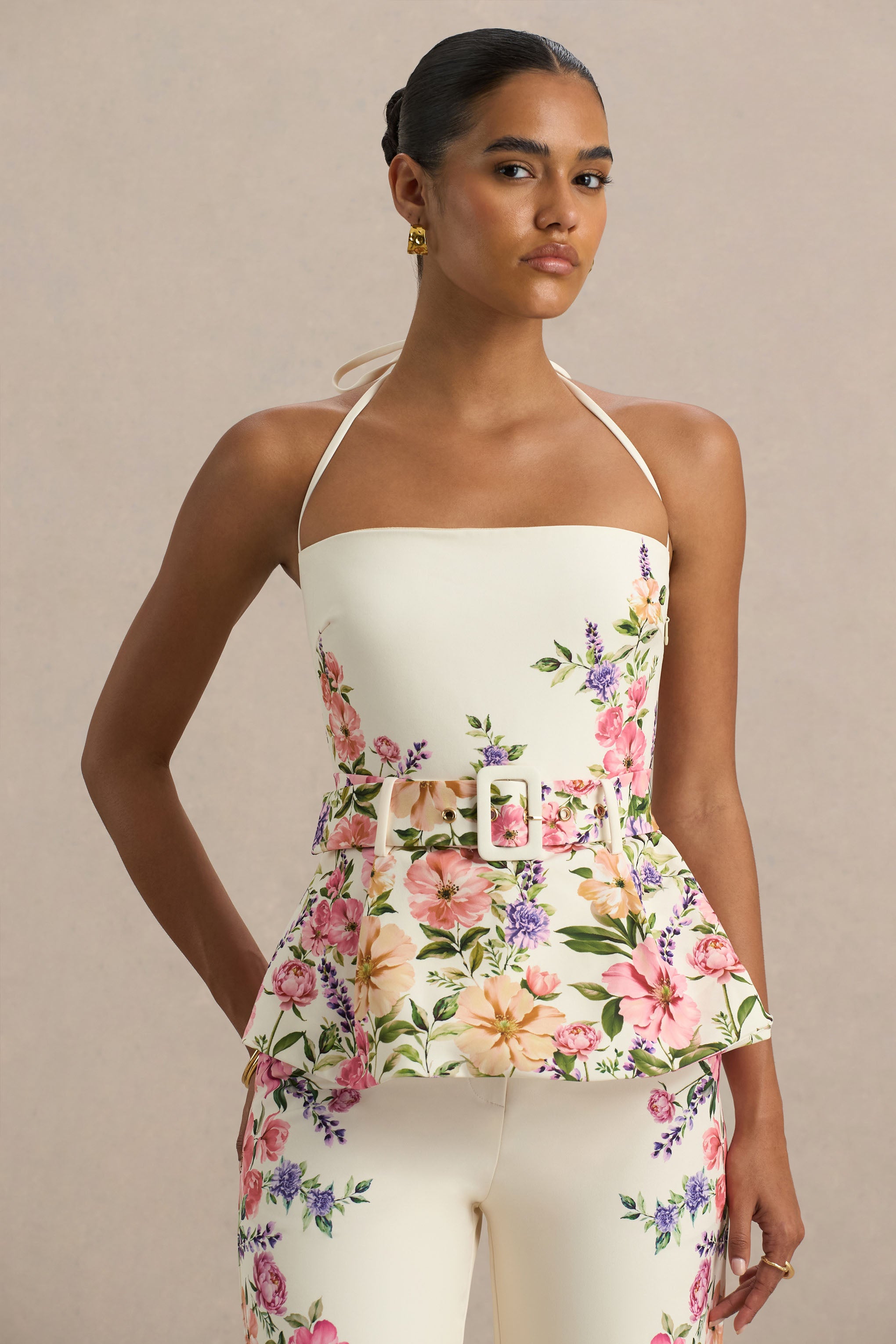  White Floral Border Print Square-Neck Tailored Top