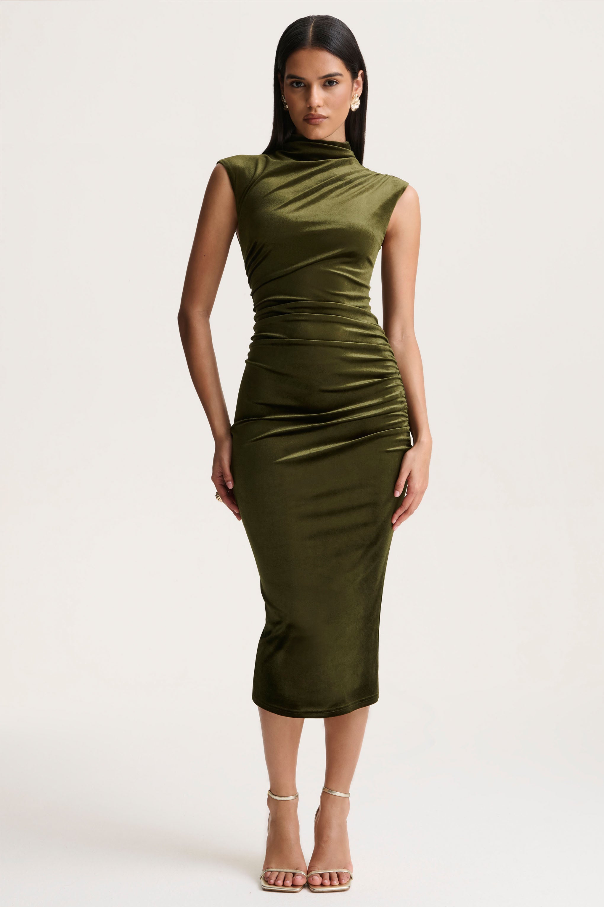 Olive Velvet High-Neck Midi Dress