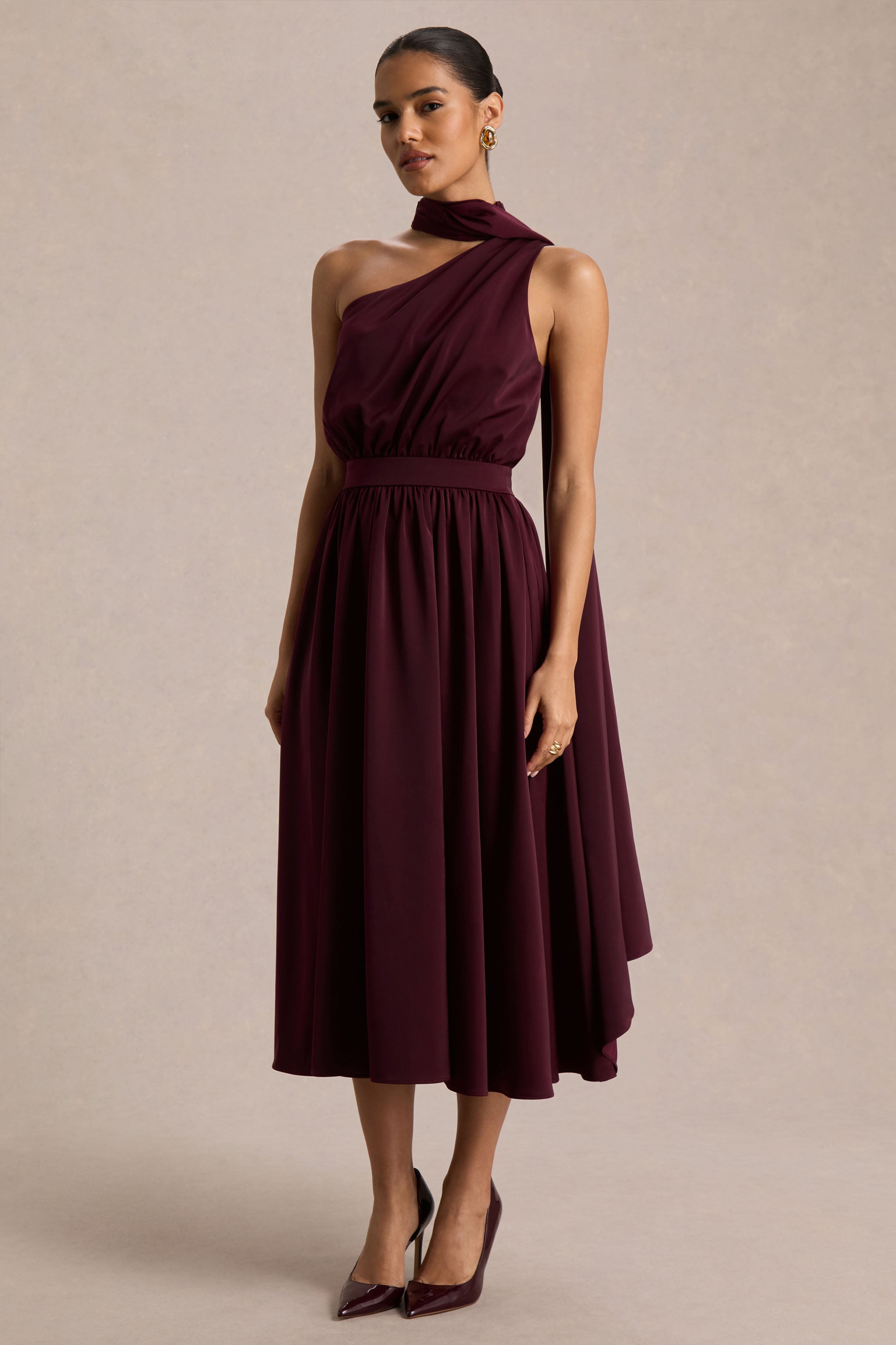  Burgundy Satin Asymmetric-Neck Midi Dress With Scarf-Detail